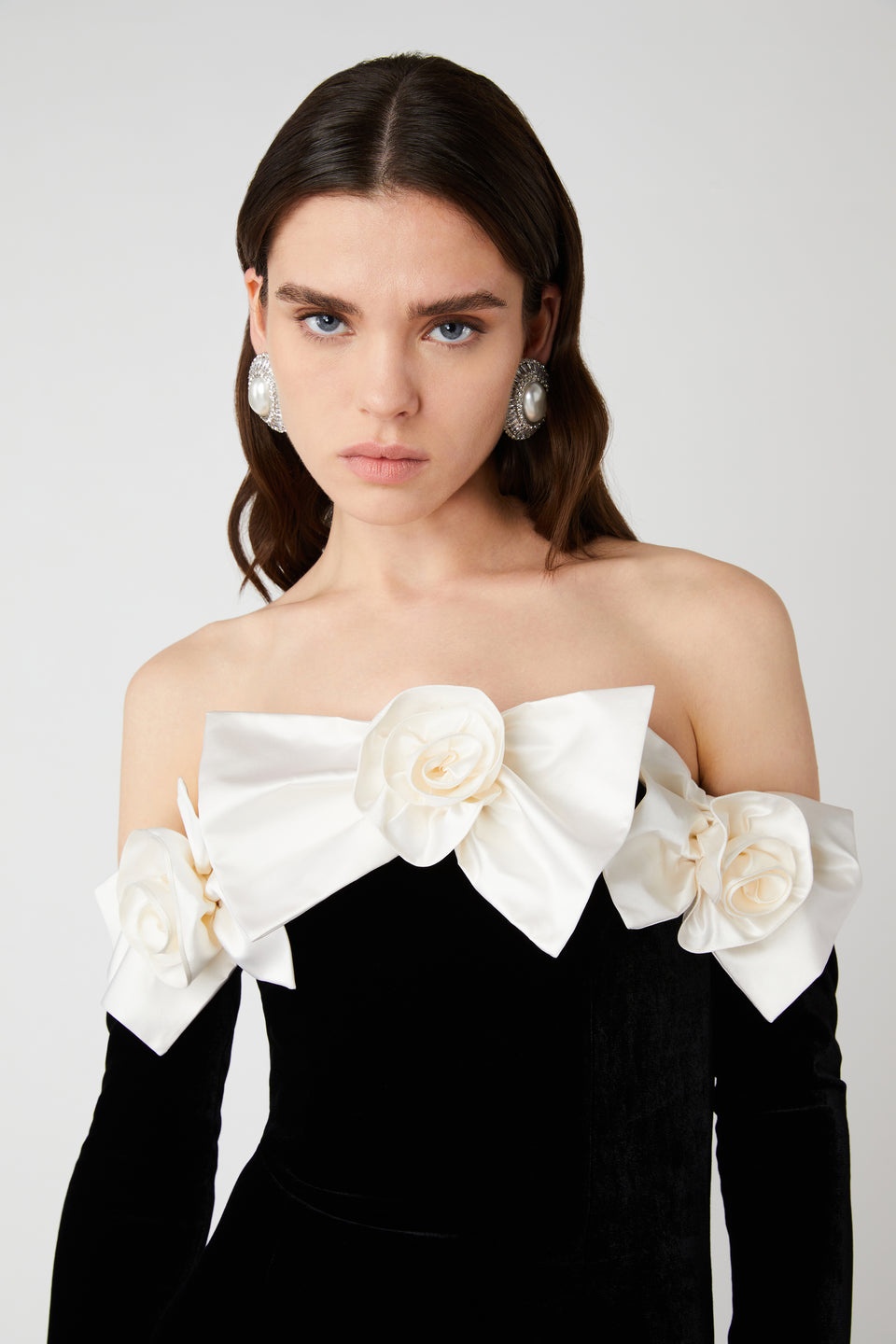 VELVET OFF THE SHOULDER GOWN WITH DUCHESSE BOWS - 6