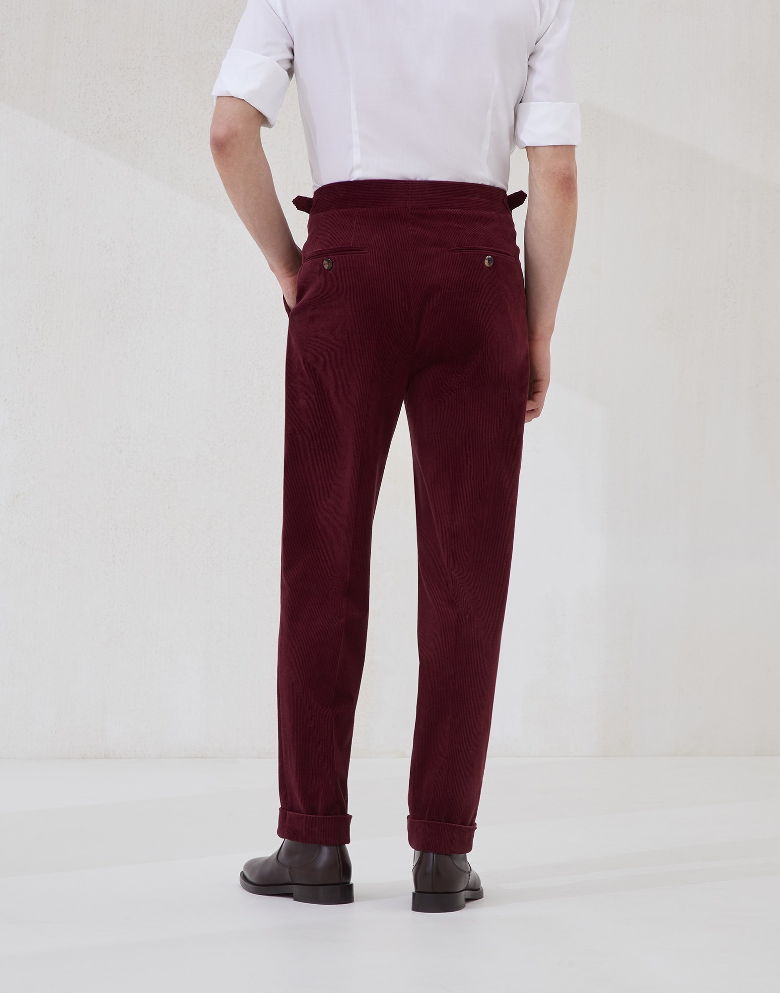 Comfort cotton and cashmere corduroy tailor fit trousers with double pleats and waist tabs - 2