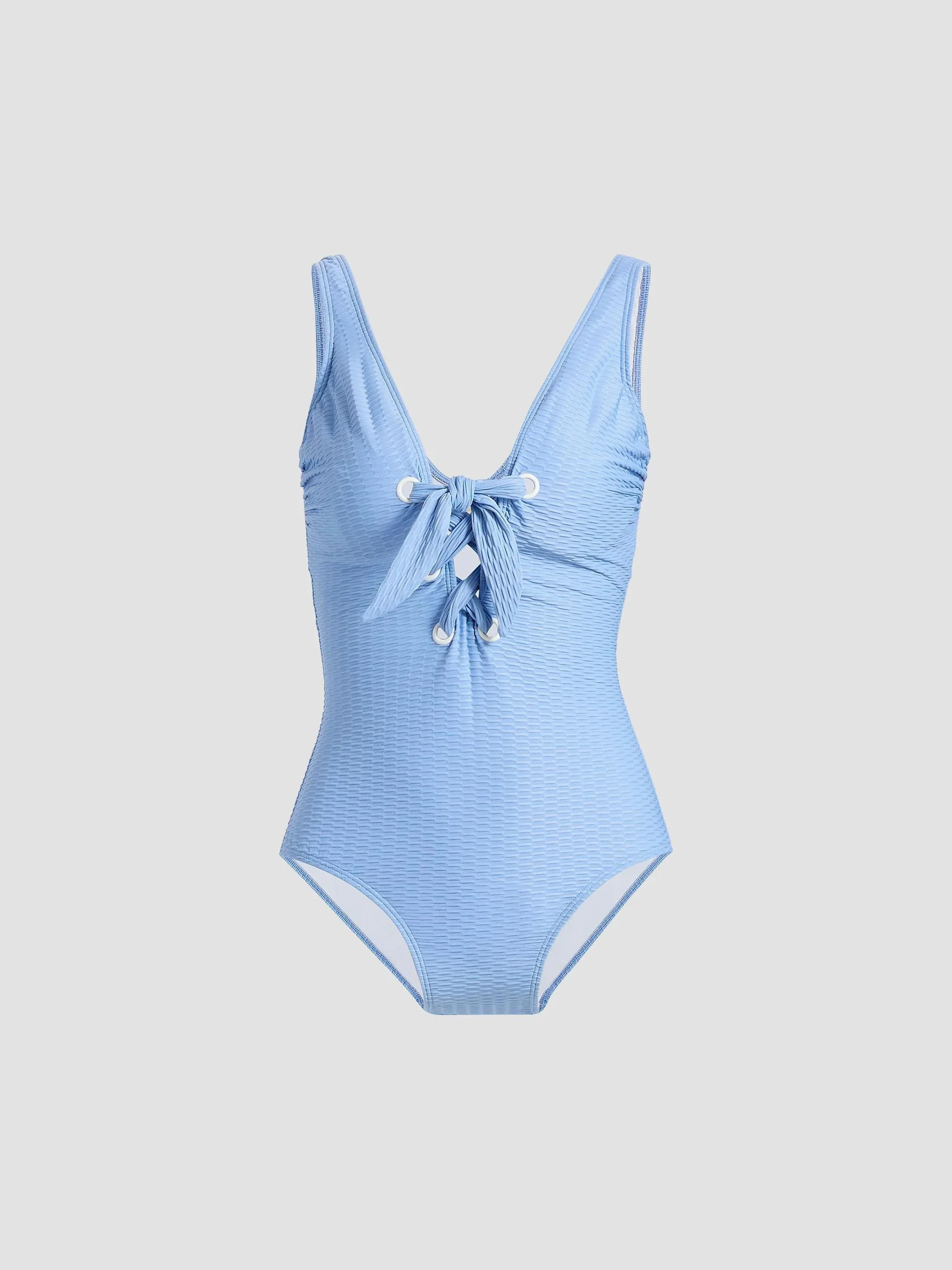 Women's Lace-Up One-Piece Swimsuit - Light Blue - 1