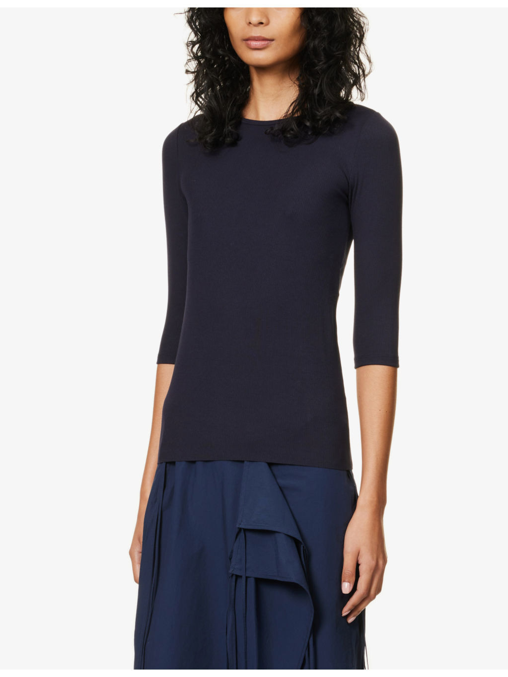 Three quarter-length sleeve ribbed stretch-woven top - 3