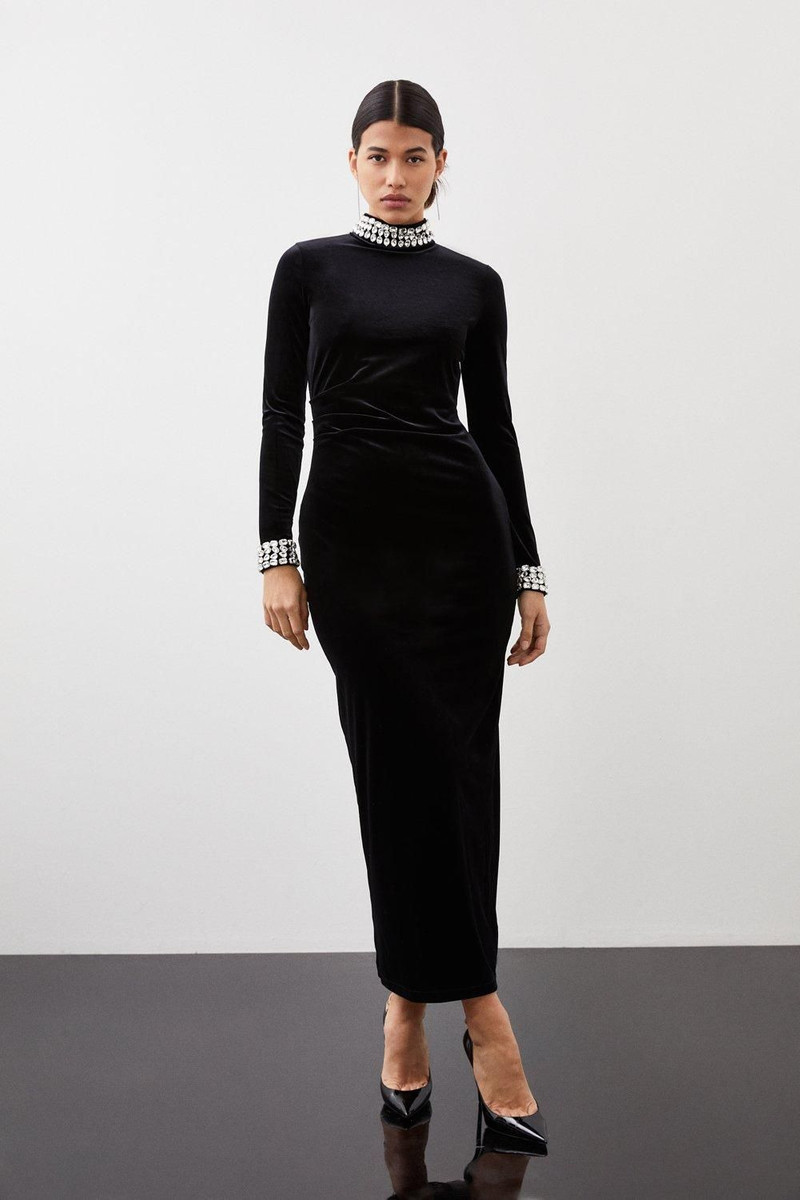 Stretch Velvet Crystal Embellished Long Sleeve Maxi Dress 1