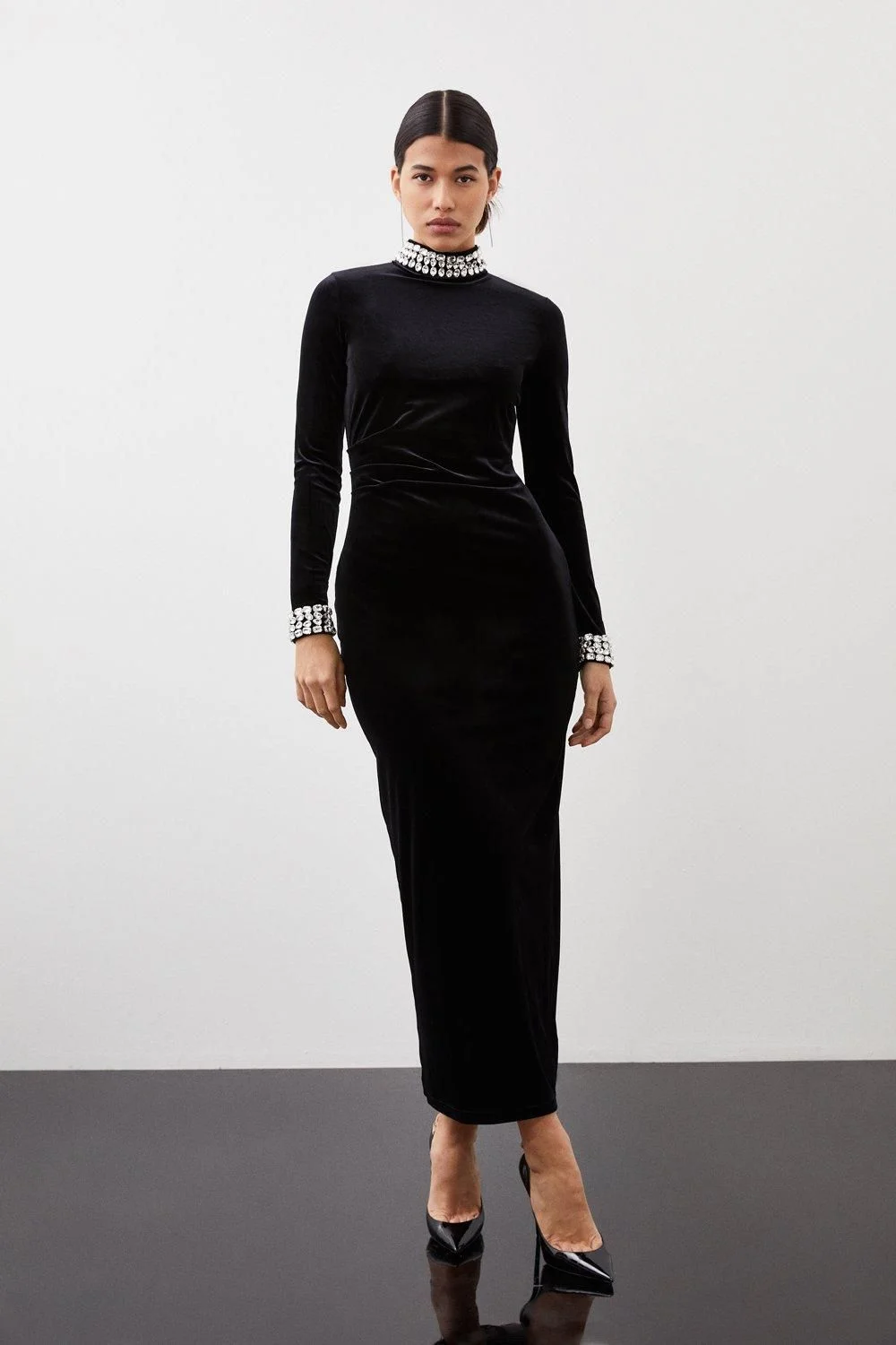 Stretch Velvet Crystal Embellished Long Sleeve Maxi Dress - 1
