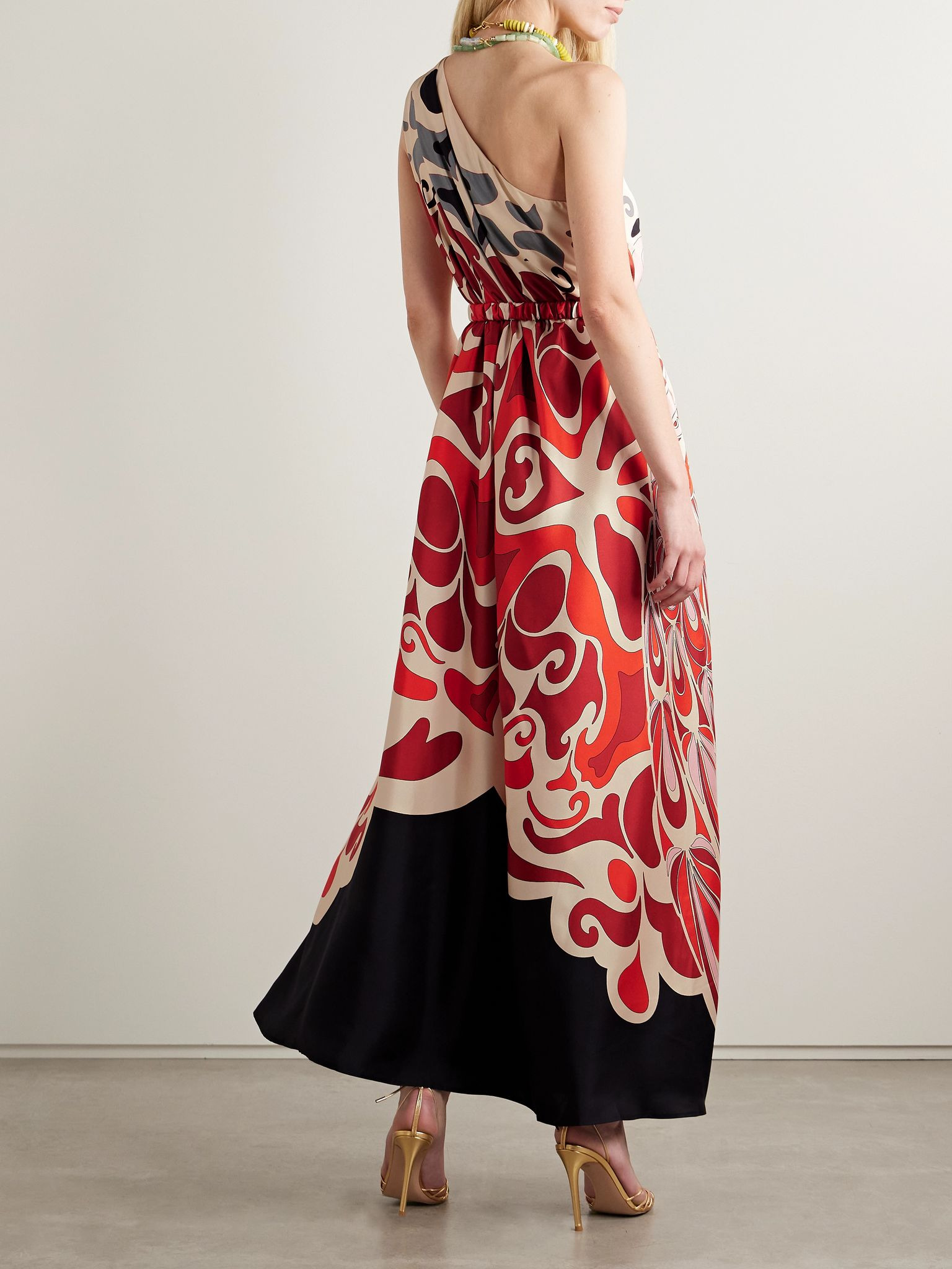 Roy one-shoulder printed silk-twill maxi dress Red - 3