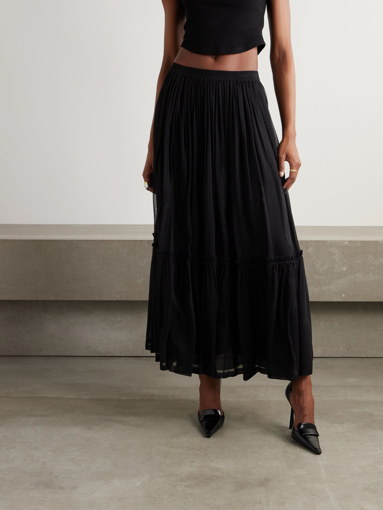 Tiered gathered silk-chiffon maxi skirt Black - 3