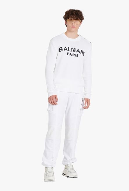 White cotton sweater with embroidered black Balmain Paris logo - 2