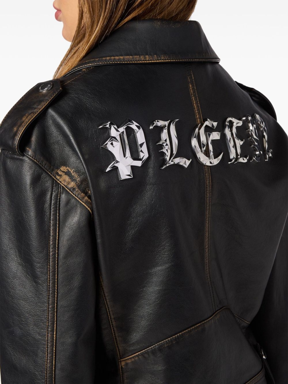 logo-lettering leather biker jacket - 3