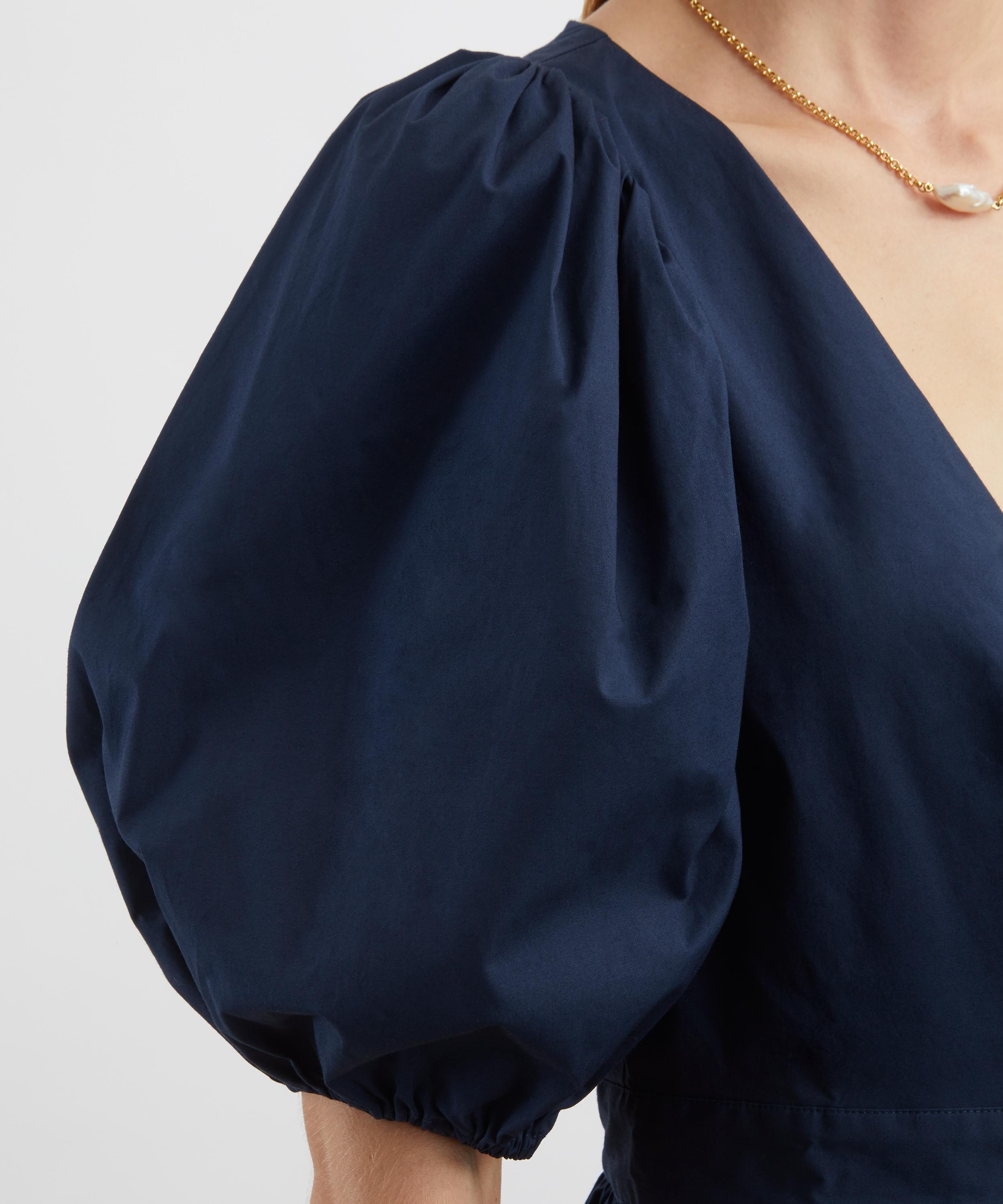 Dark Blue Puff-Sleeve Midi Dress - 5