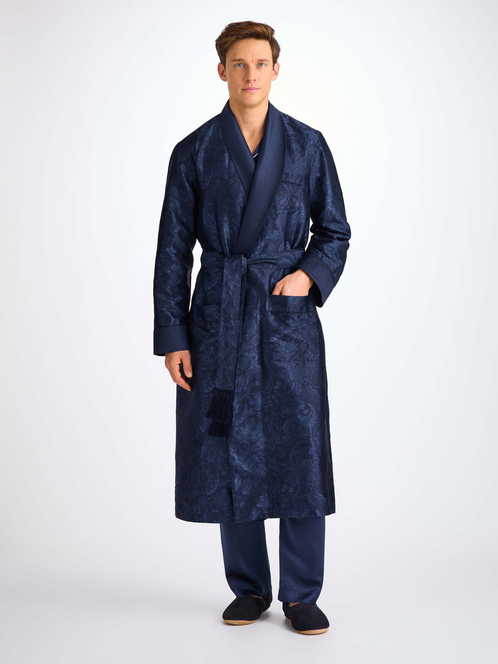 Men's Robe Silk Jacquard Navy Jungle Paisley Pattern - 3