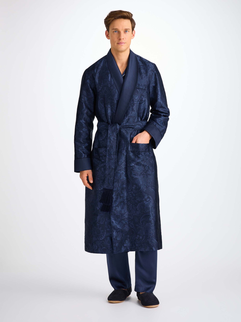 Men's Robe Silk Jacquard Navy Jungle Paisley Pattern 3
