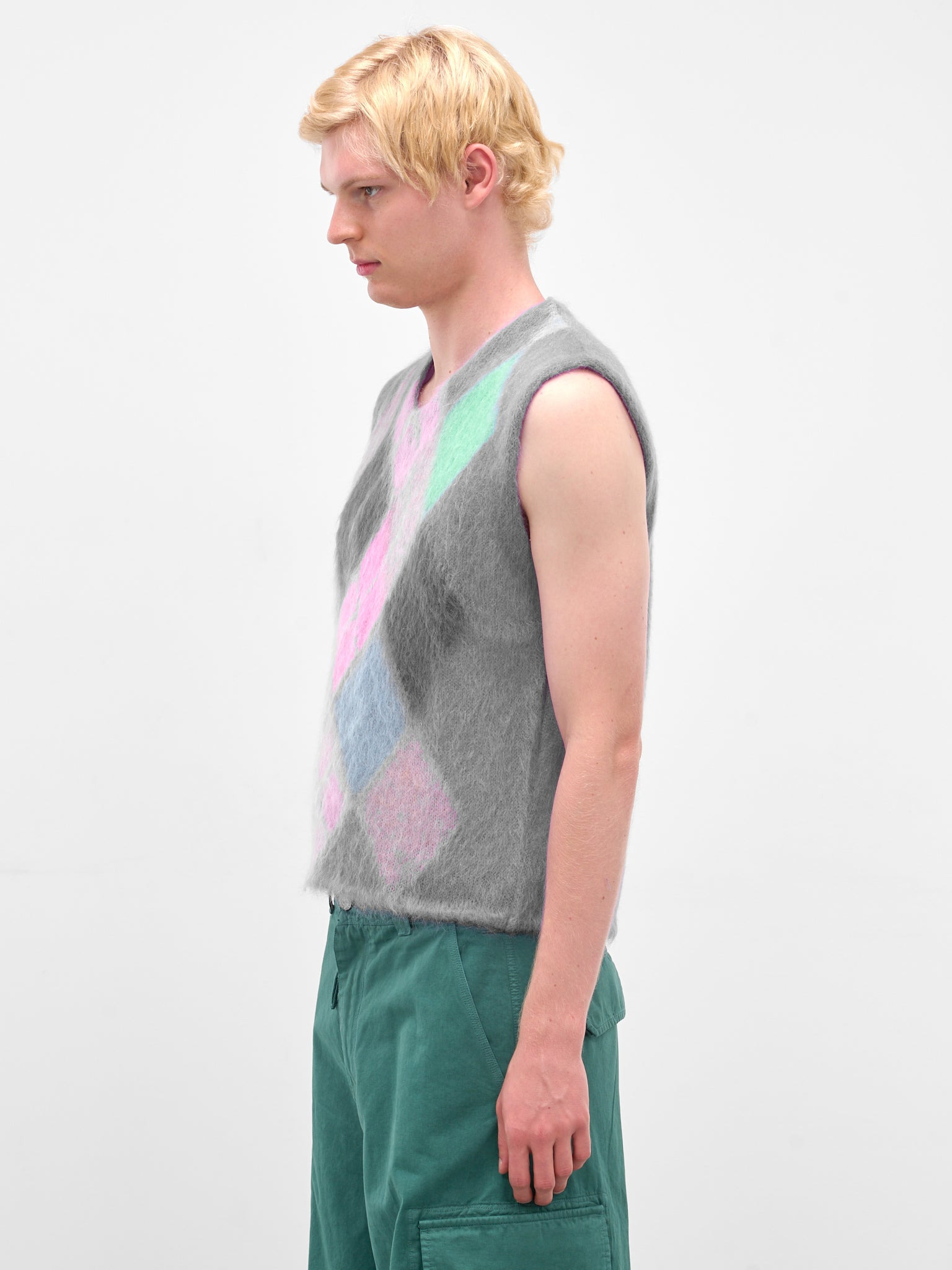Gray Argyle Mohair Knit Vest - 2