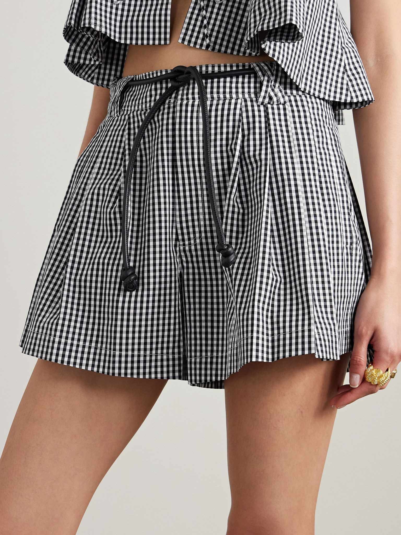 Neci belted pleated gingham cotton-poplin shorts Black - 3