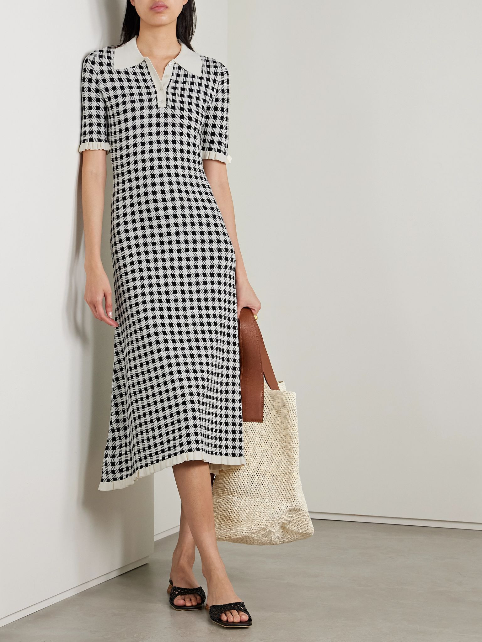 Saige ruffled checked jacquard-knit midi dress Black - 2