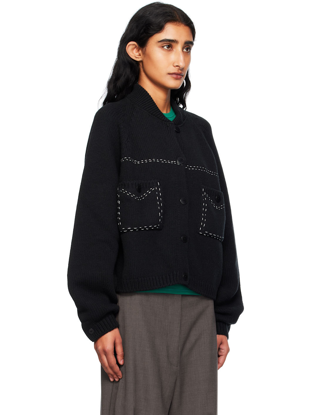 Black Merino Wool Stitched Cardigan - 2