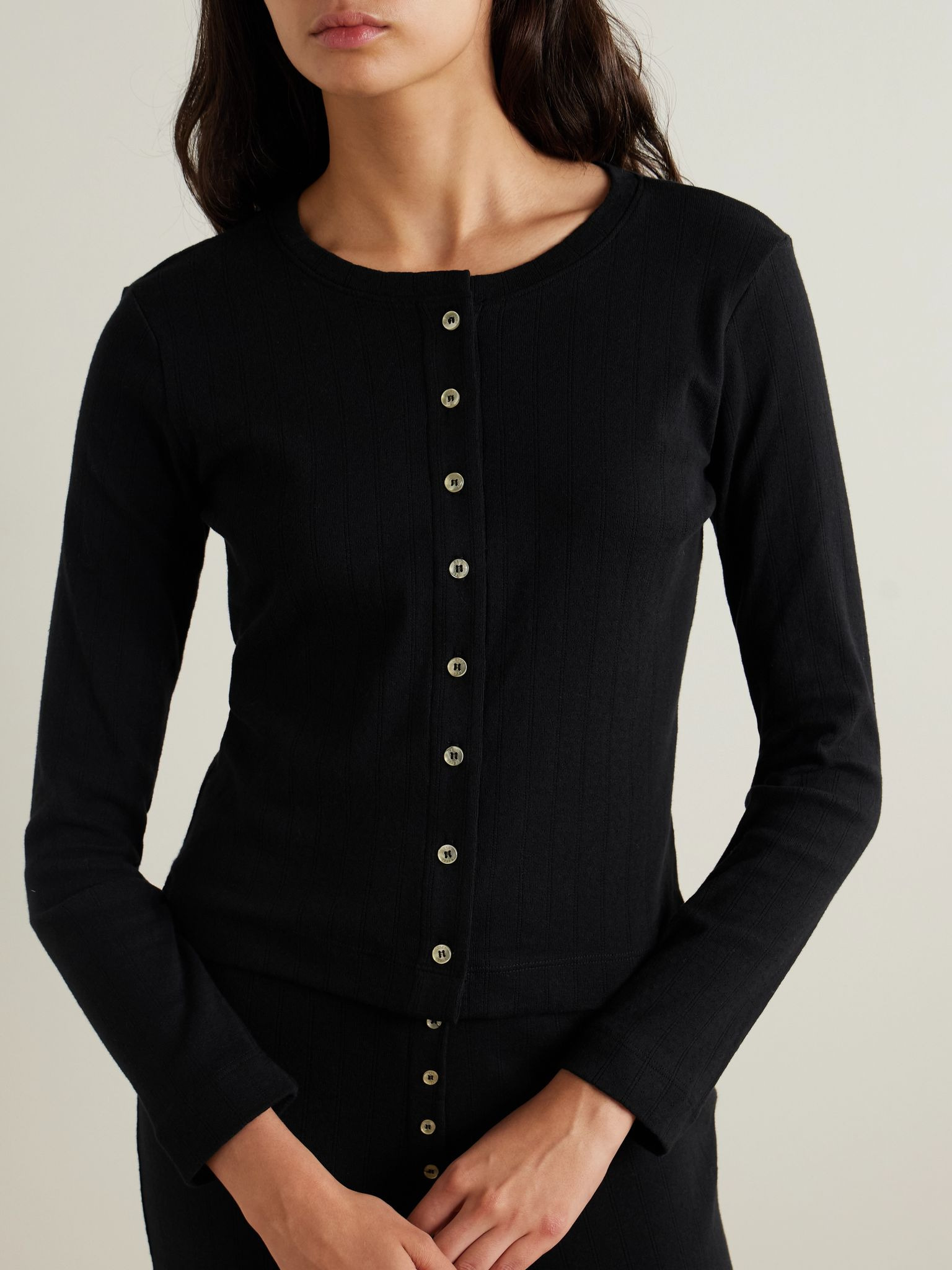 Pointelle-knit cotton cardigan Black - 2