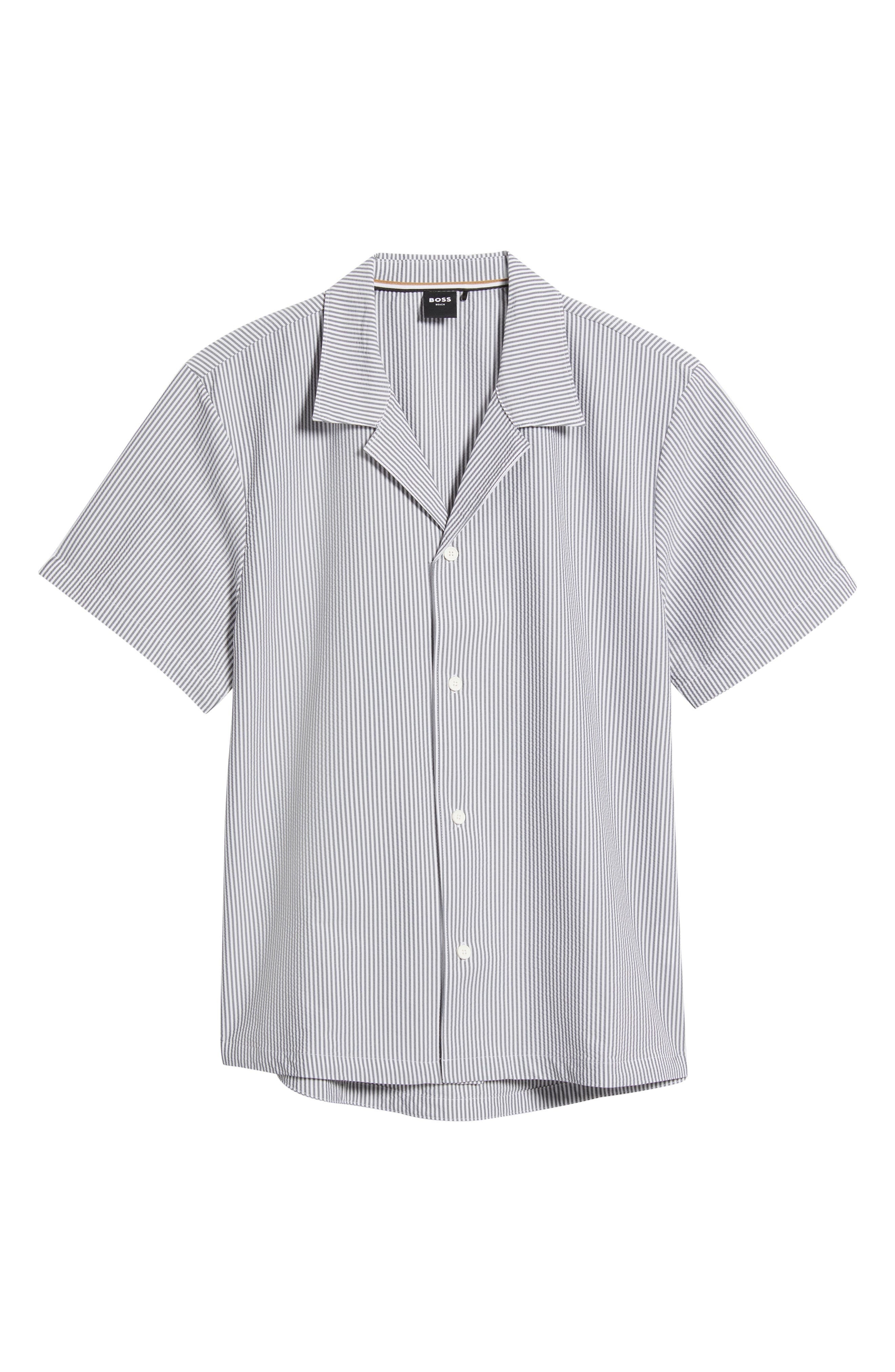 BOSS Velvetfish Stripe Seersucker Camp Shirt in Navy at Nordstrom - 5