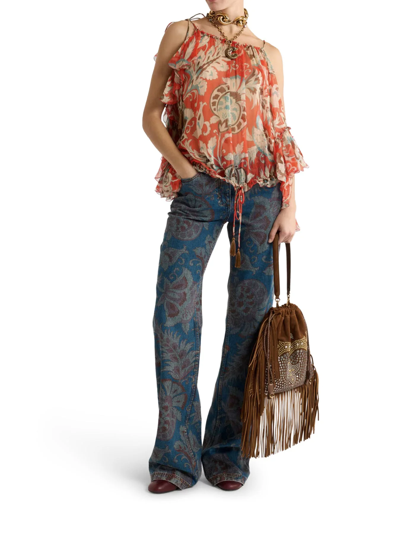 SINGLE-SLEEVED SILK TOP WITH FLORAL PATTERN - 1