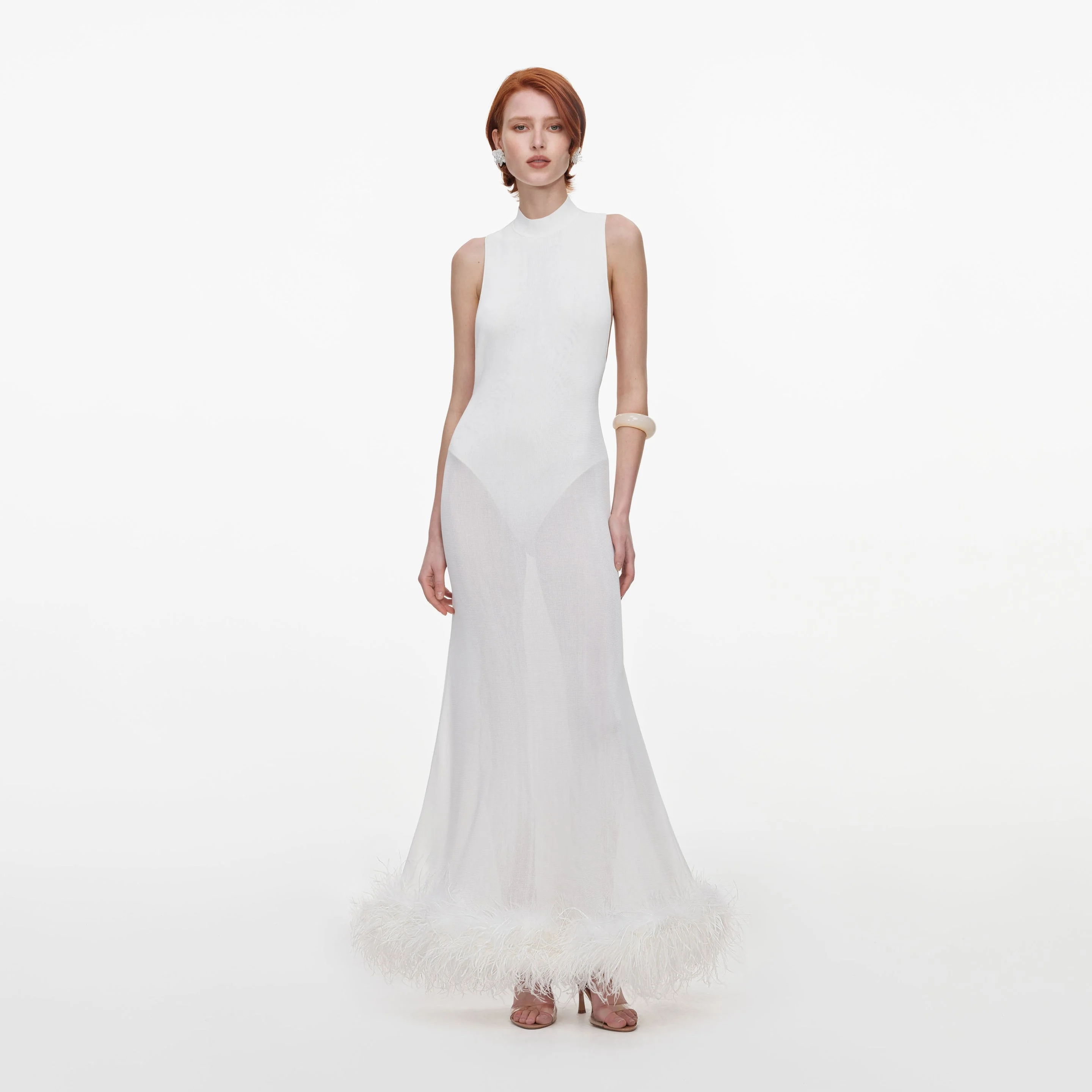 White Racer Back Feather Knit Midi Dress - 1