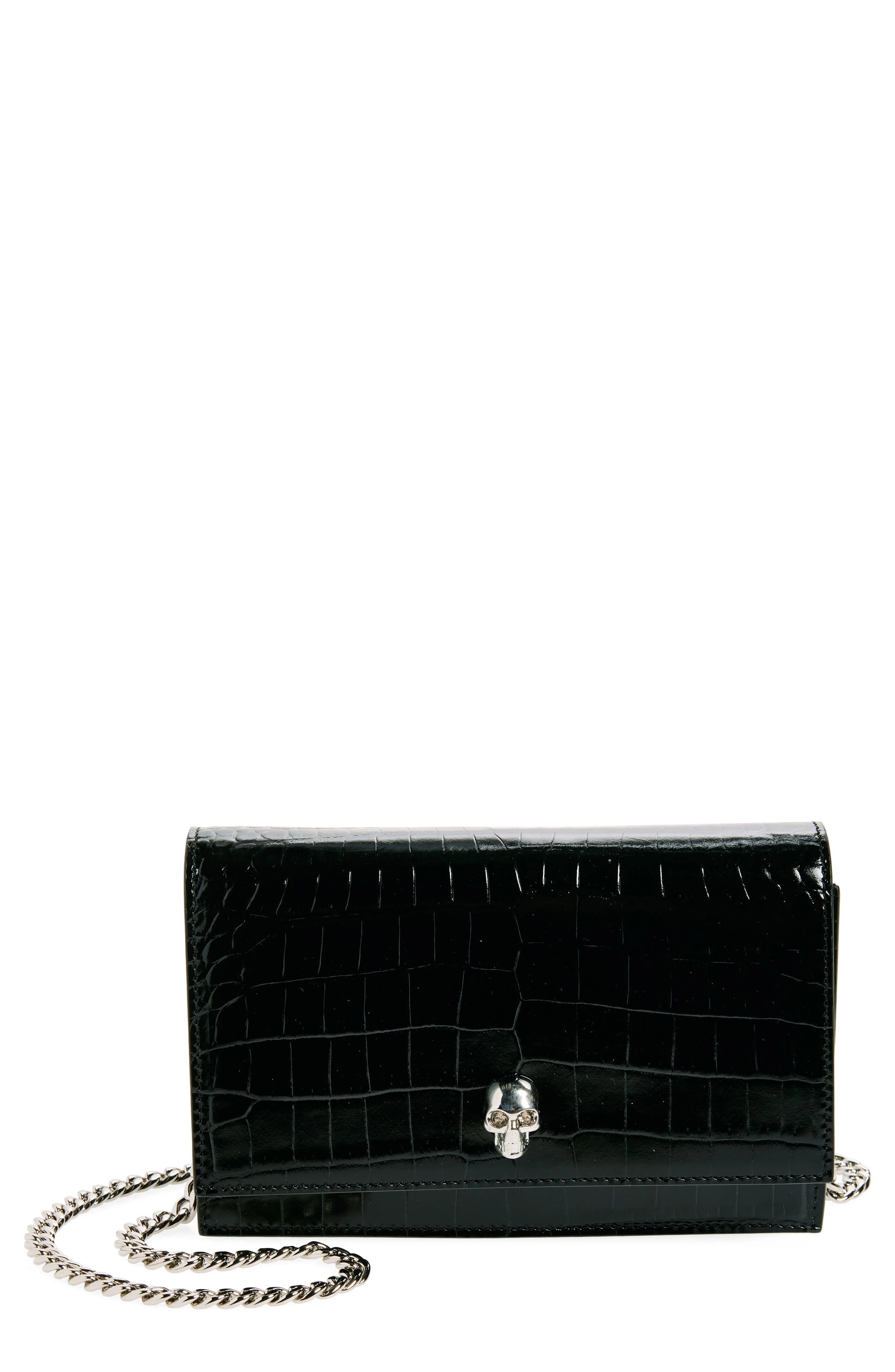 Alexander McQueen Mini Skull Croc Embossed Leather Shoulder Bag in Black at Nordstrom - 1