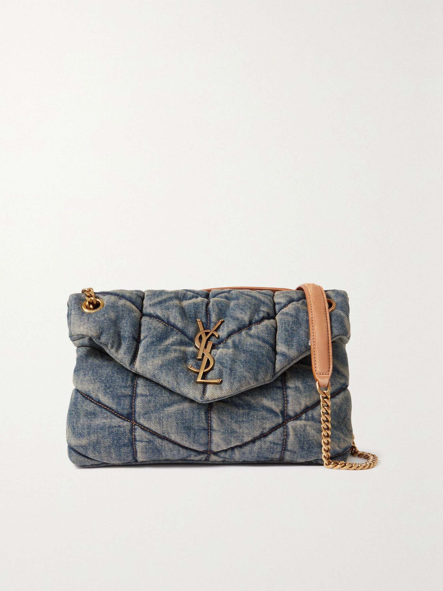 Puffer small suede-trimmed quilted denim shoulder bag Navy - 1