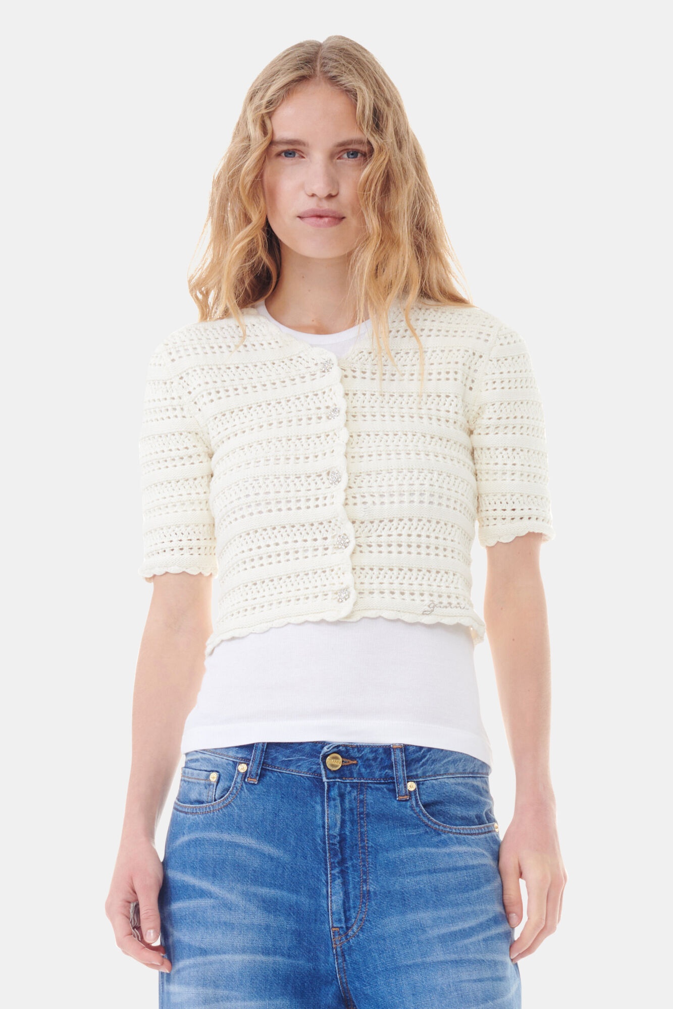 WHITE POINTELLE SHORT SLEEVE CARDIGAN - 2