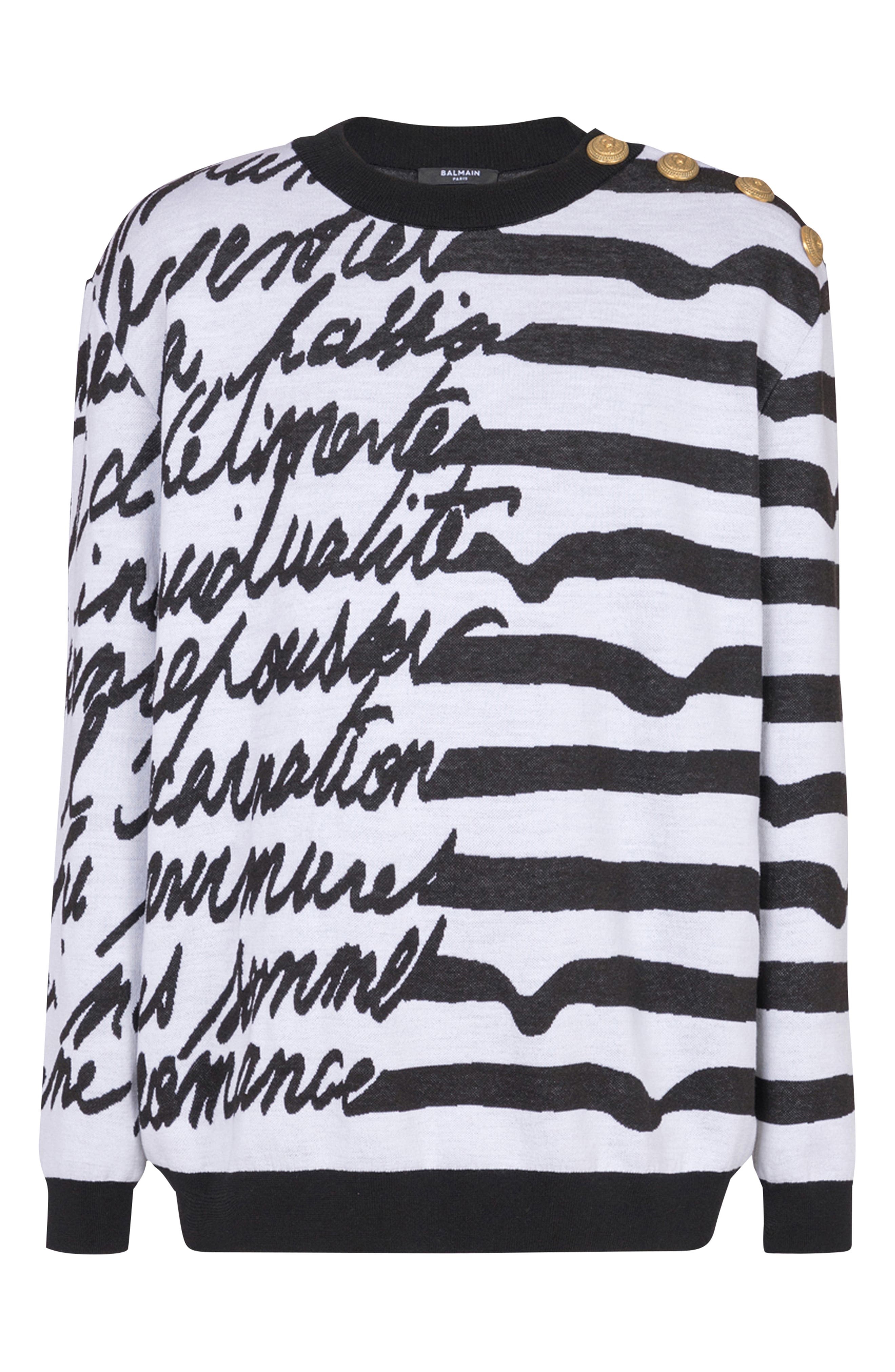 Balmain Love Letter Marinière Stripe Merino Wool Sweater in White/Black at Nordstrom - 5