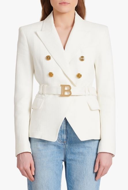 Double-breasted white cotton blazer with Balmain buckle - 5