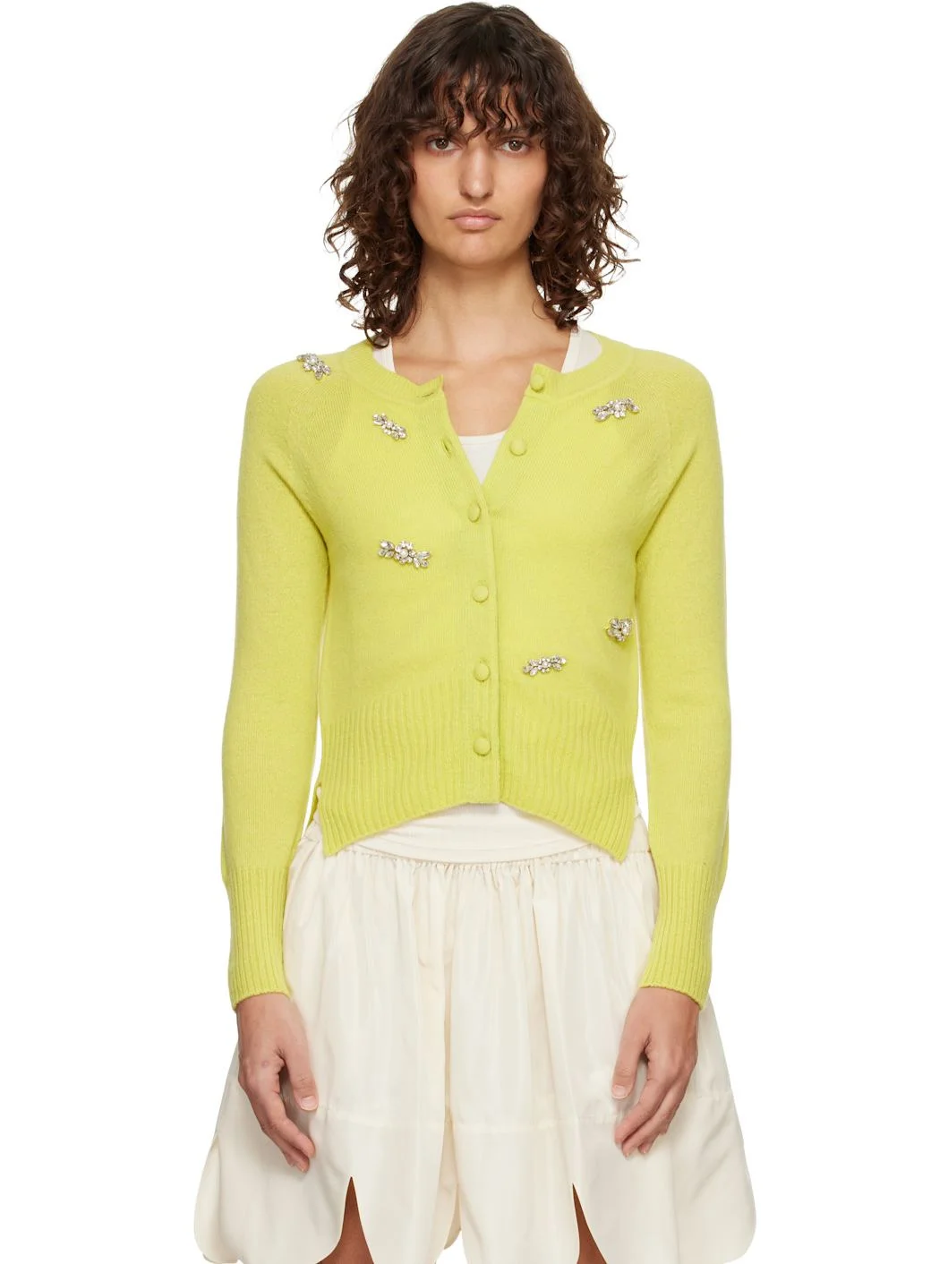 Green Turbo Embellished Relaxed Cashmere Cardigan - 1