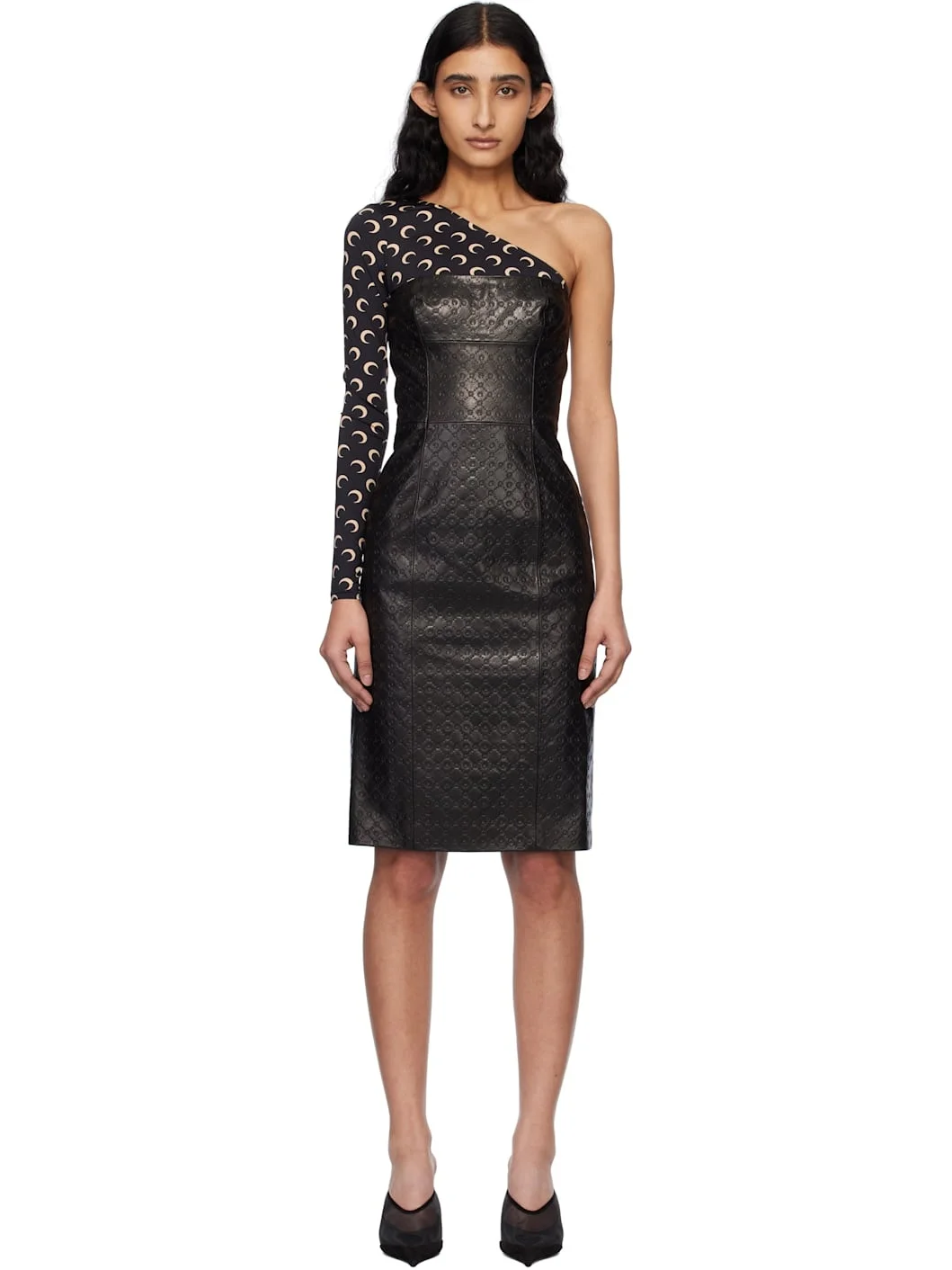 Black Moonogram Embossed Leather Midi Dress - 1
