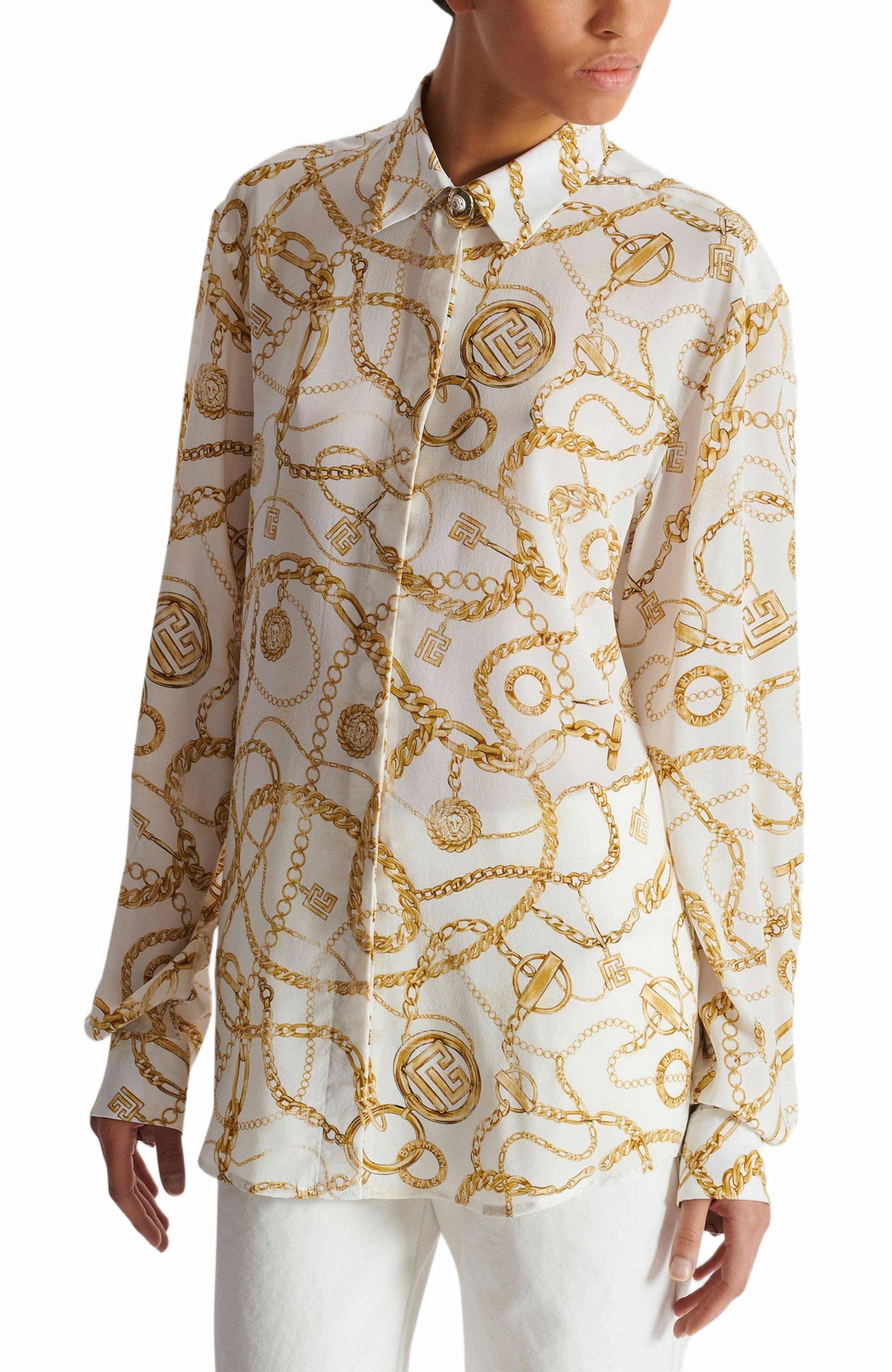 Printed silk shirt with Balmain Chains pattern in Gold at Nordstrom - 4