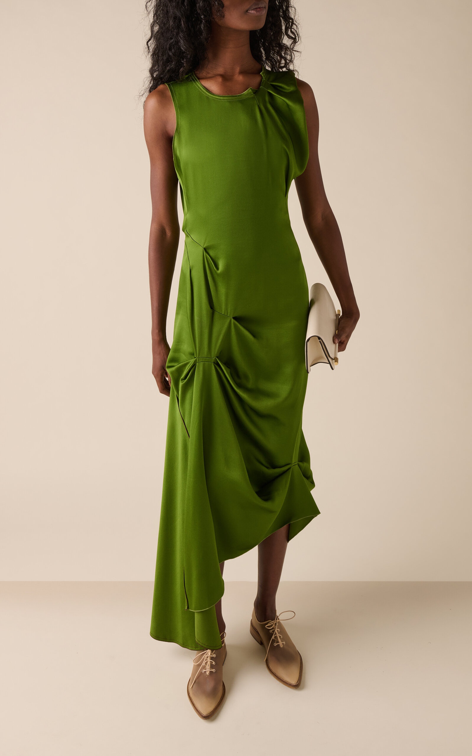 Exclusive Gathered Satin Midi Dress green - 3