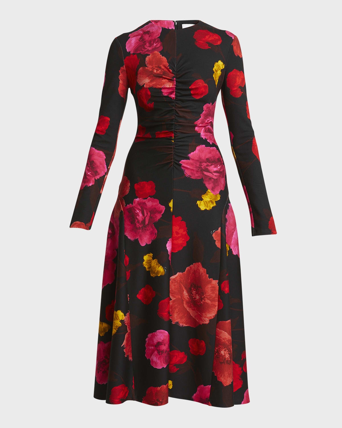 Ruched Floral Long-Sleeve Midi Dress - 1