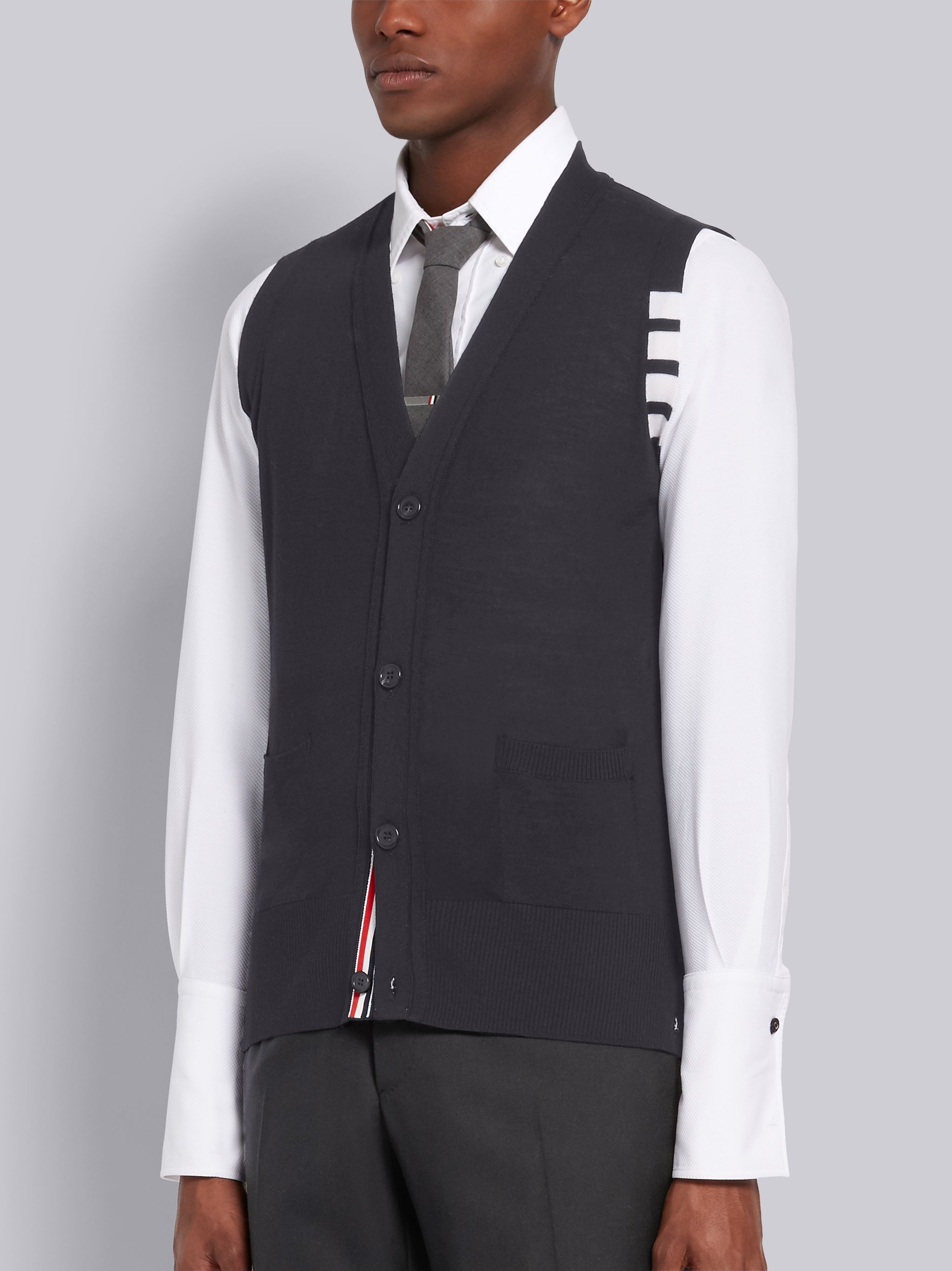 Dark Grey Finemerino Wool 4-bar V-neck Waistcoat - 2