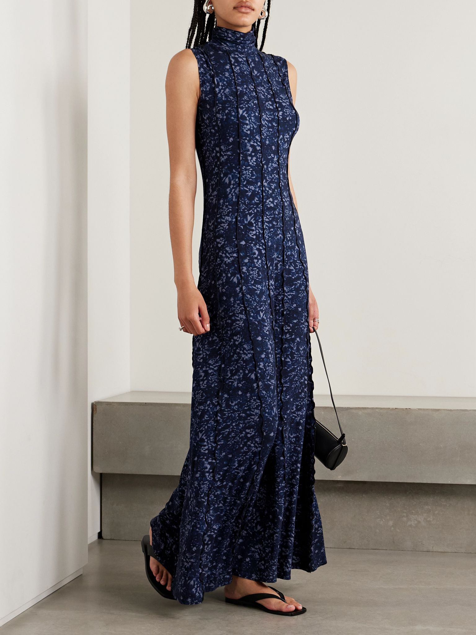 Valentina printed stretch-jersey turtleneck maxi dress Navy - 2