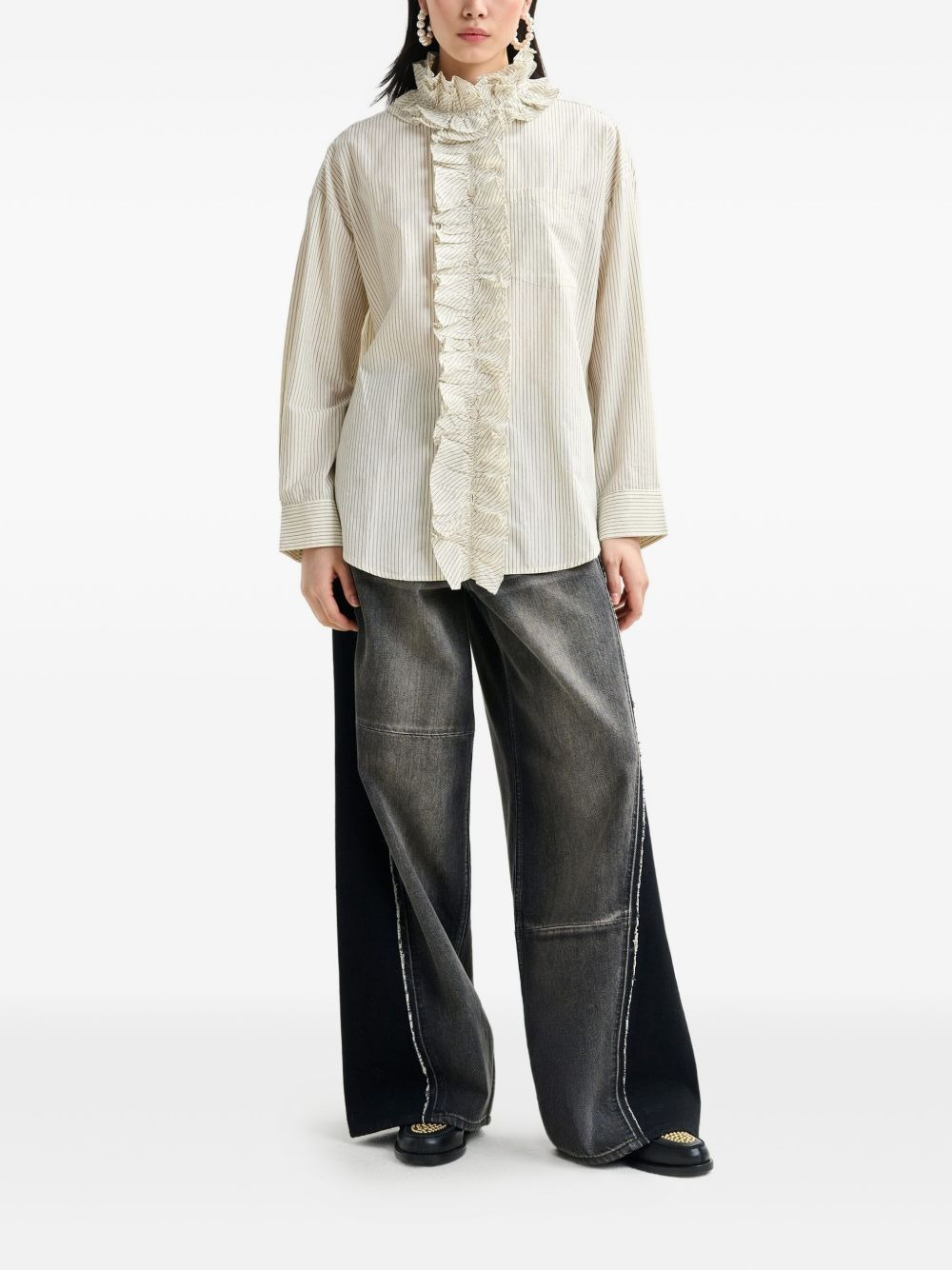 stripe-pattern ruffle-detail shirt - 2