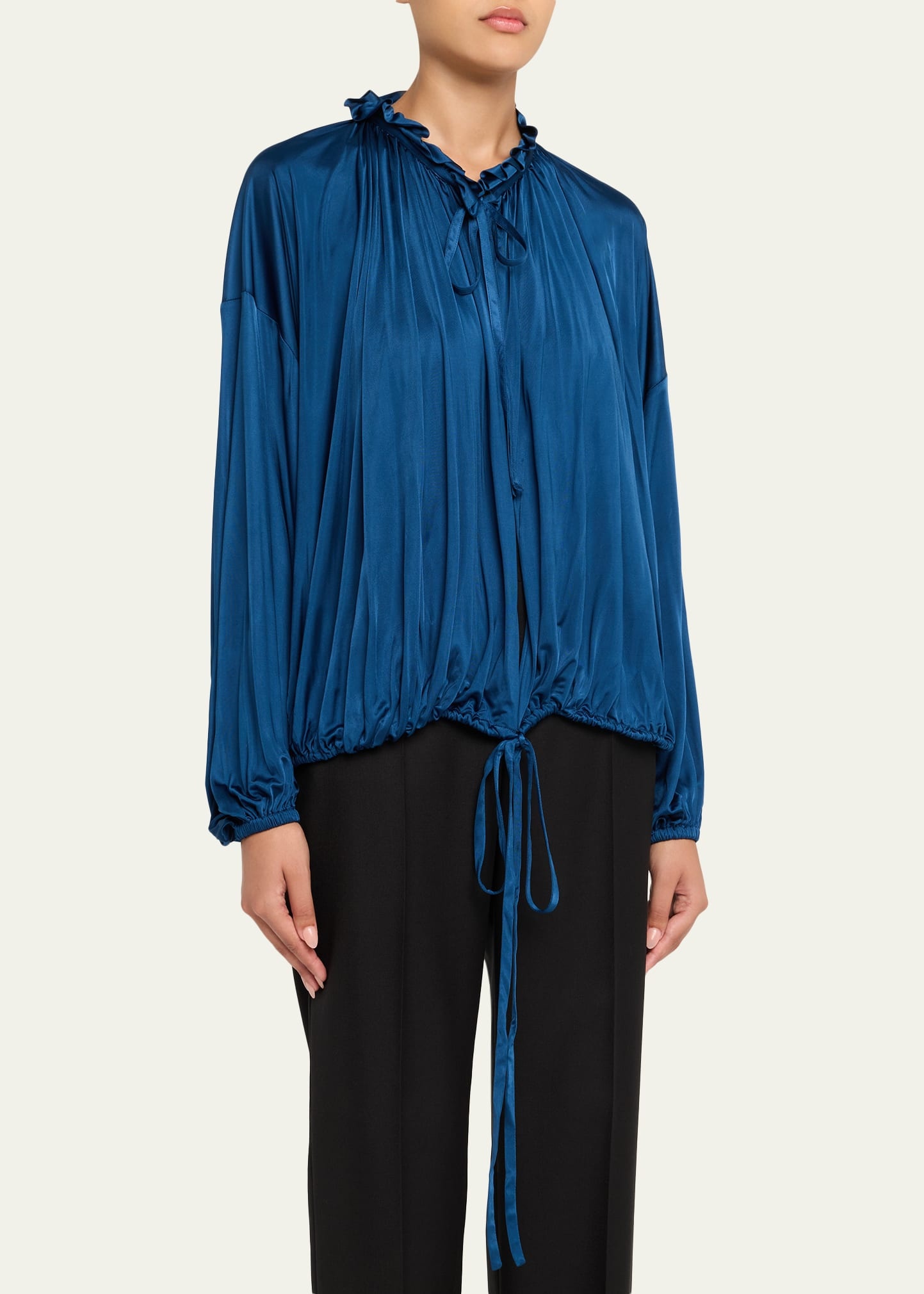 Ruffle Collar Drawstring Satin Blouse - 4