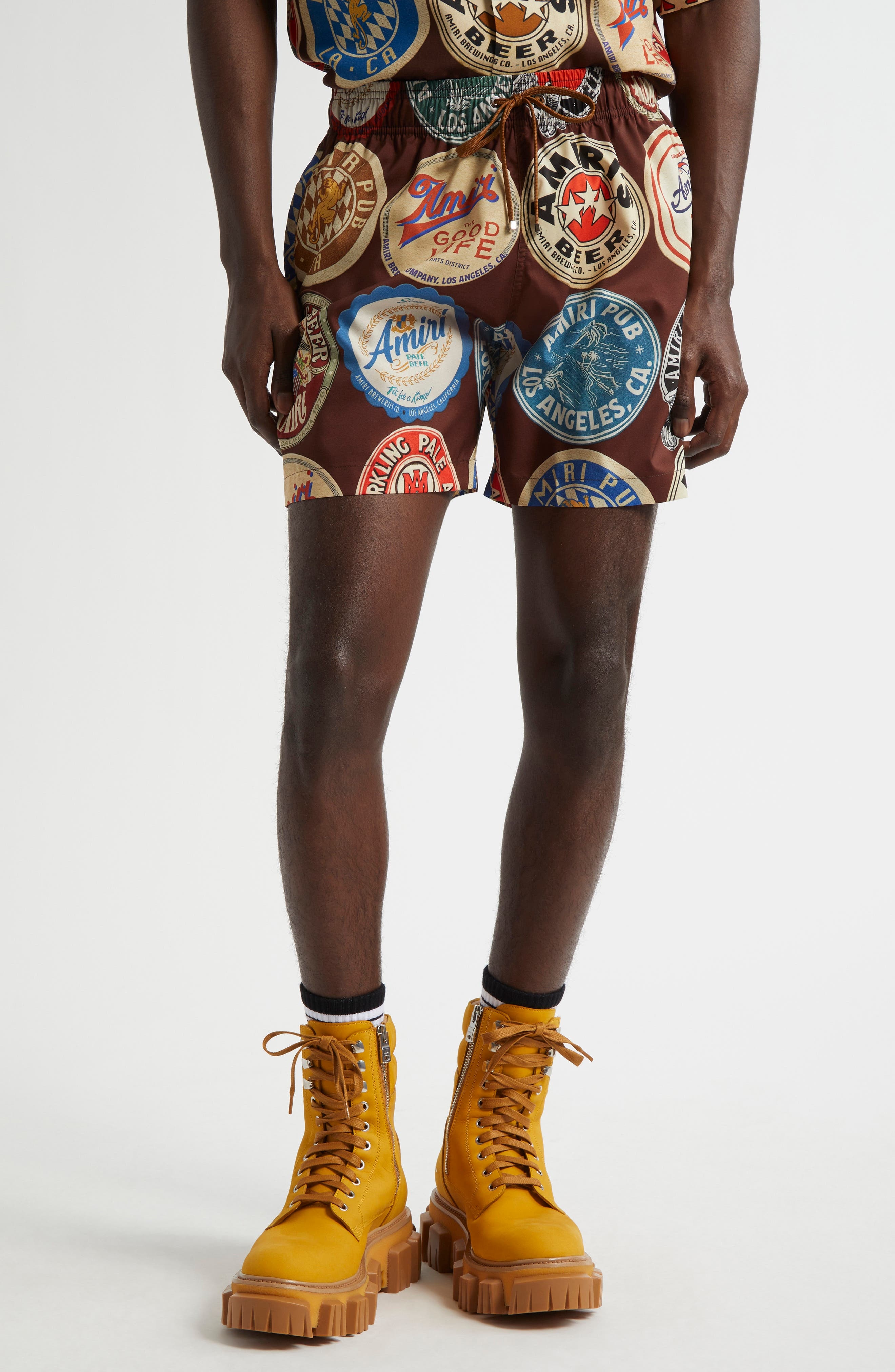 AMIRI Coasters Print Swim Trunks in Chocolate at Nordstrom - 1