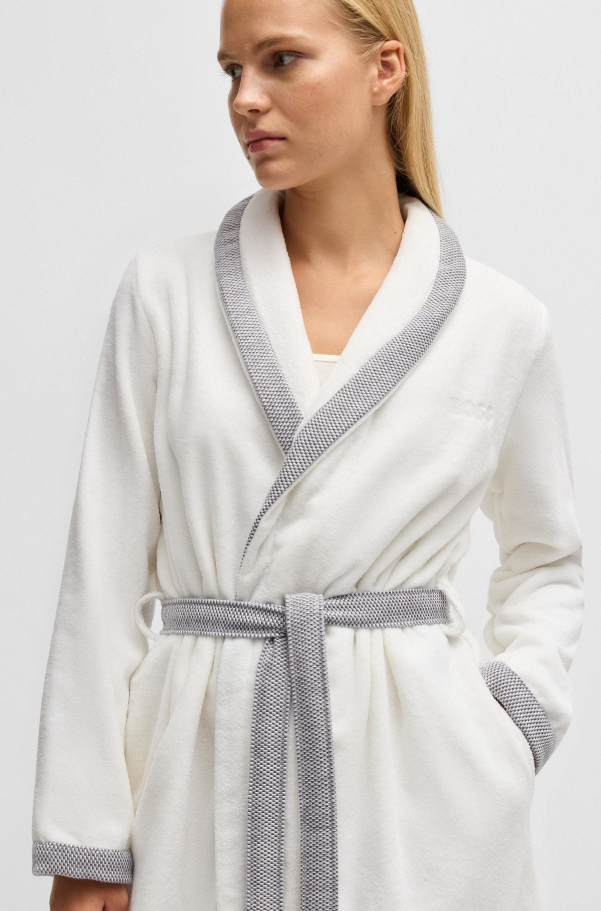 WHITE COTTON-VELVET DRESSING GOWN WITH EMBROIDERED LOGO - 7