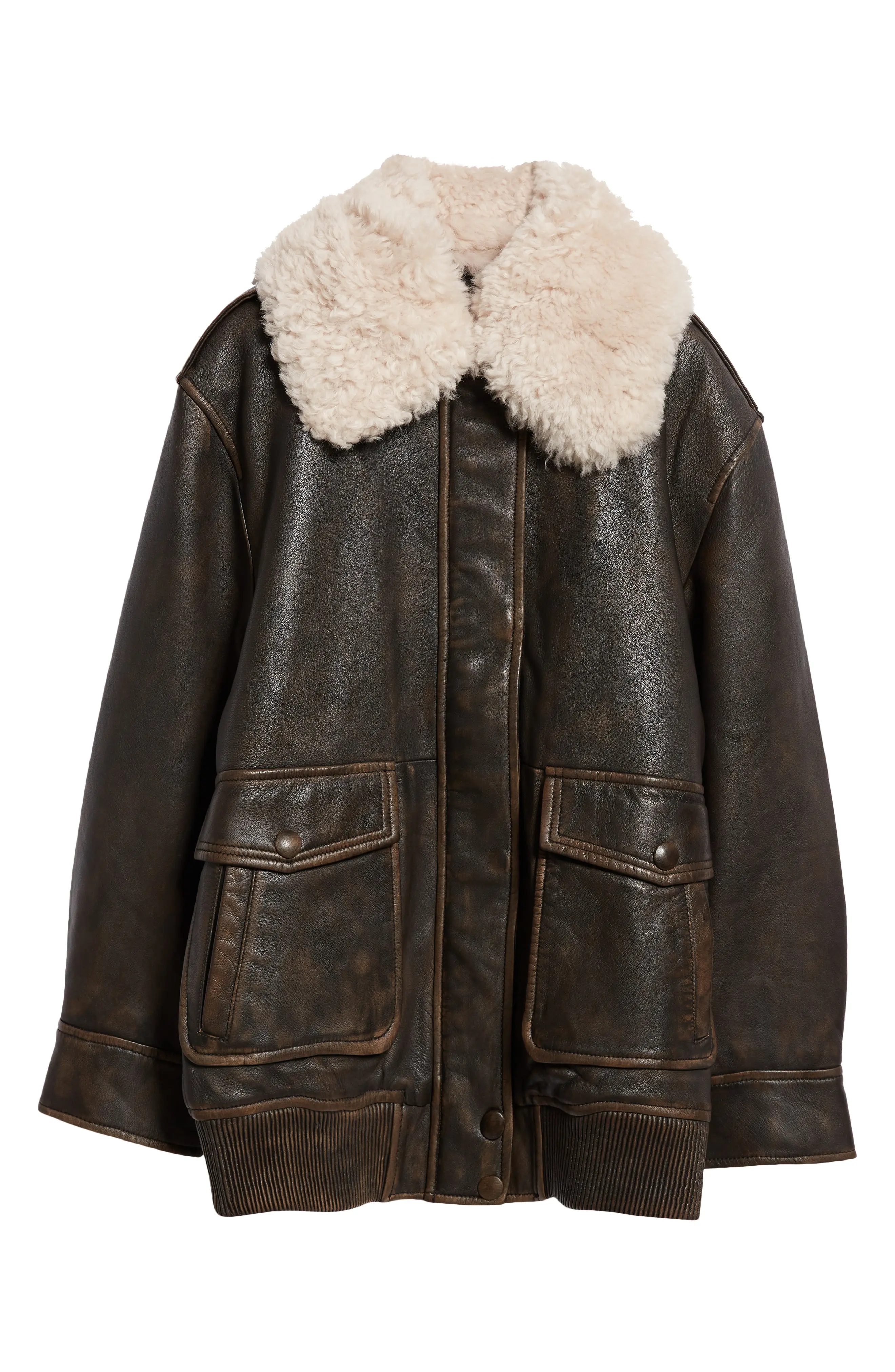 Danata Genuine Shearling Collar Lambskin Leather Jacket - 6