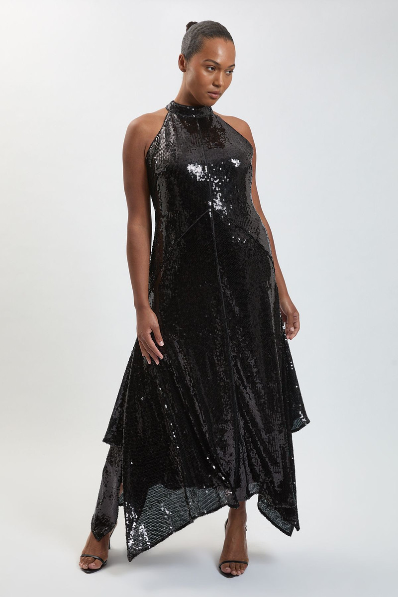 Plus Size Sequin Halter Neck Hanky Hem Maxi Dress 1