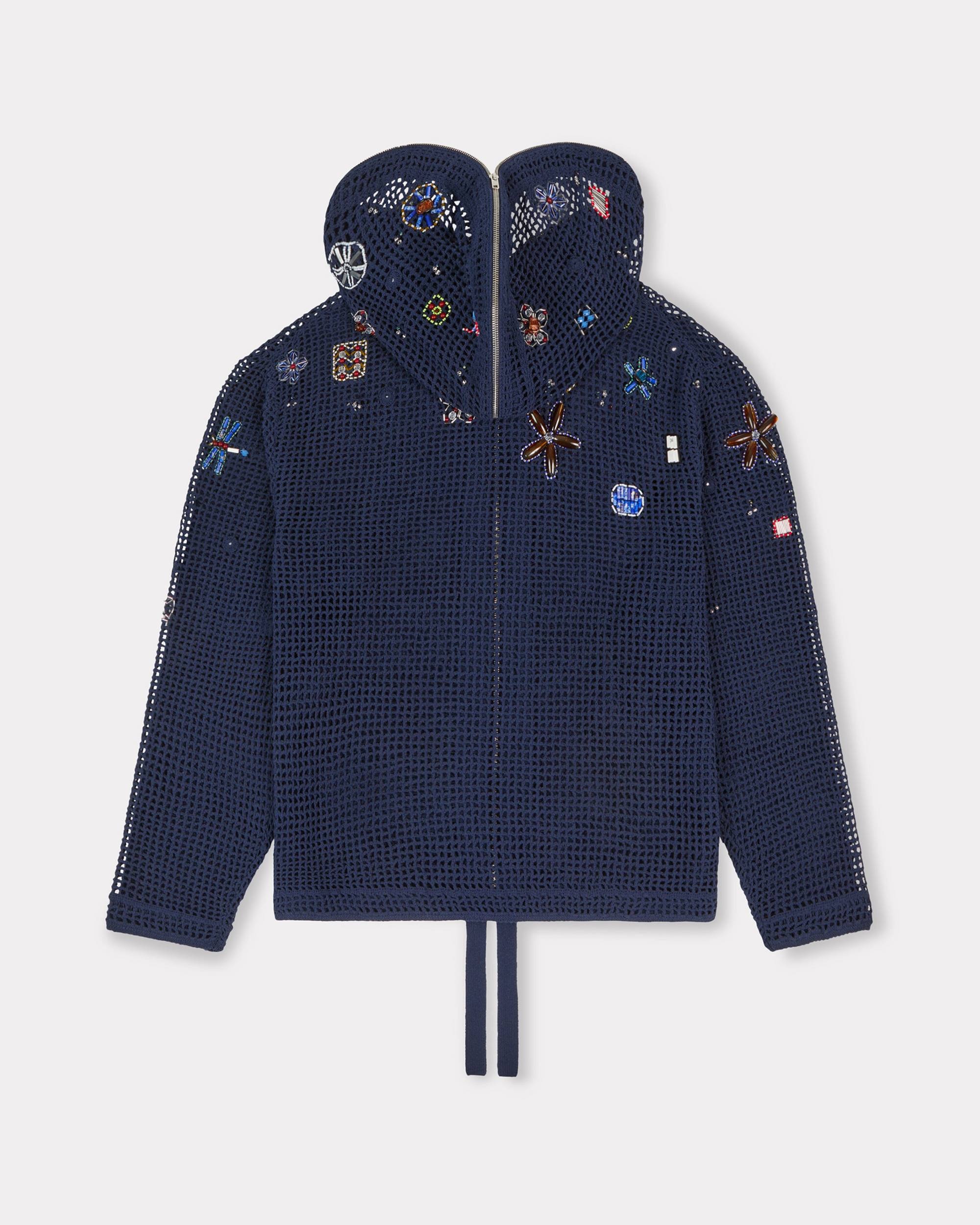 Oversized embroidered zip-up knitted hooded sweatshirt in cotton mesh - 4