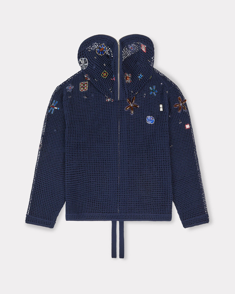 Oversized embroidered zip-up knitted hooded sweatshirt in cotton mesh 4