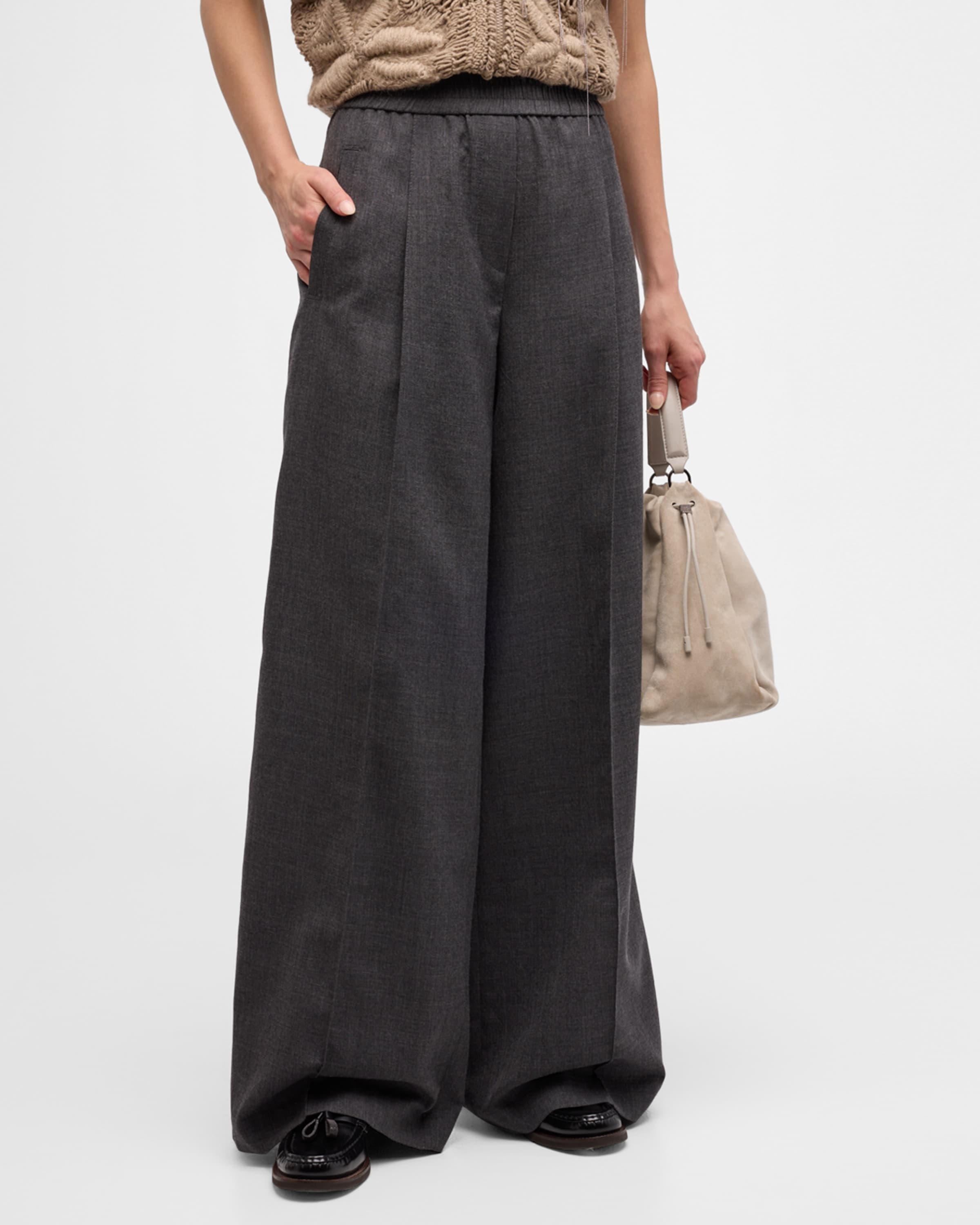 Wool Flannel Wide-Leg Pants with Pleated Detail - 2