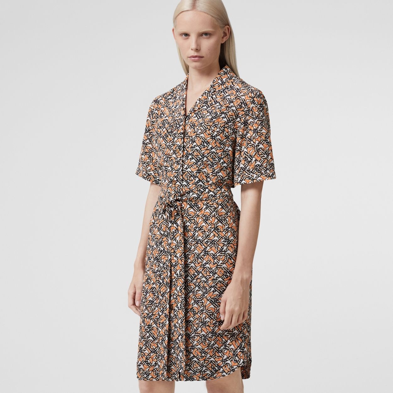 Short-sleeve Monogram Print Silk Shirt Dress - 5