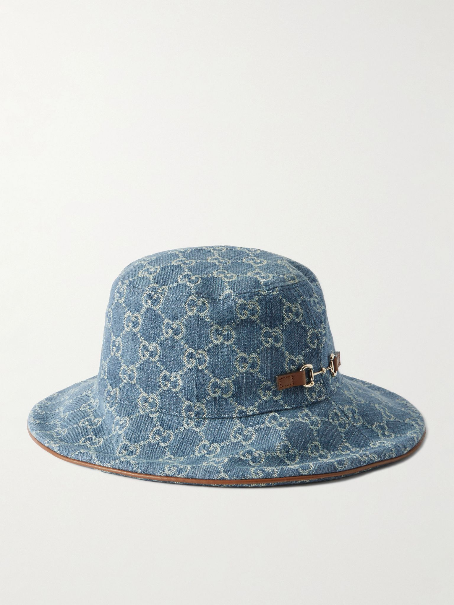 Horsebit-detailed leather-trimmed denim bucket hat Blue - 3