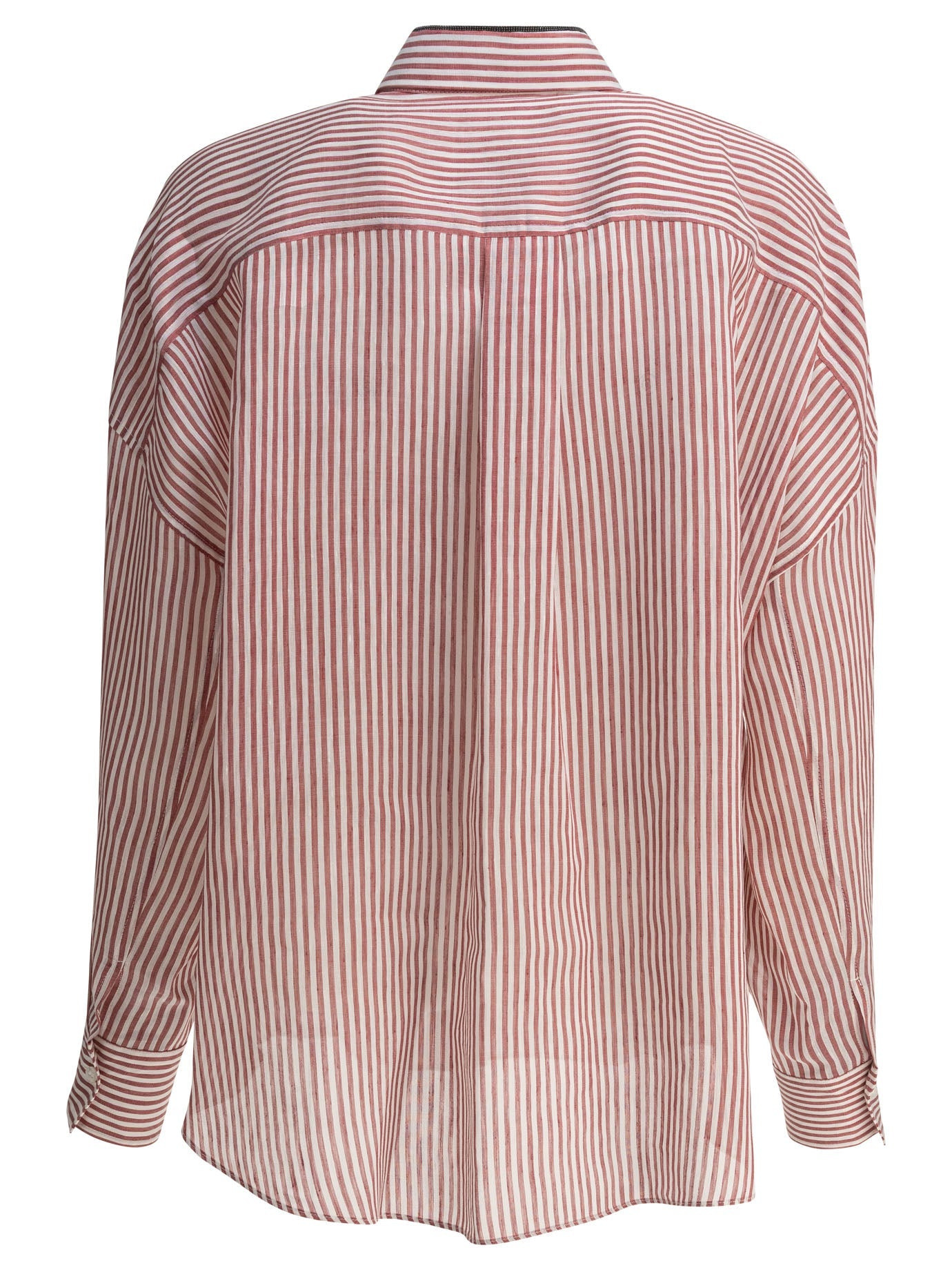 Brunello Cucinelli Women Linen And Silk Striped Organza Shirt With Shiny Collar Detail - 2