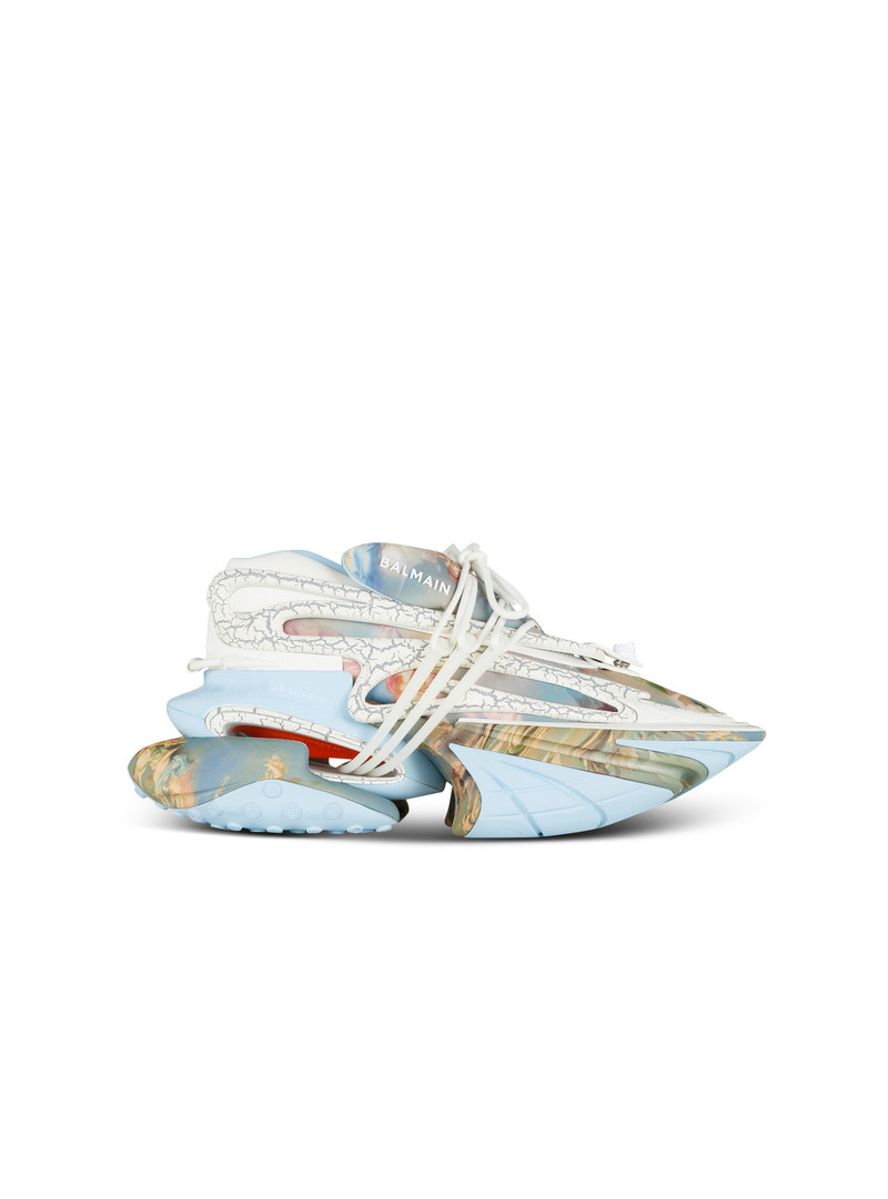 Unicorn trainers in Sky print neoprene and leather 1