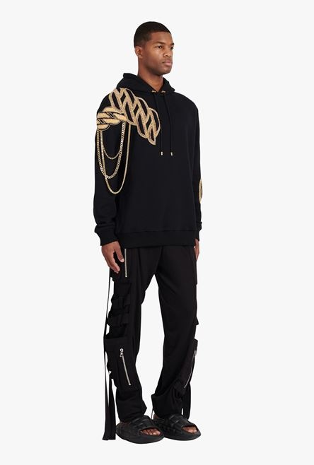 Black cotton sweatshirt with embroidered gold Balmain Paris logo - 7