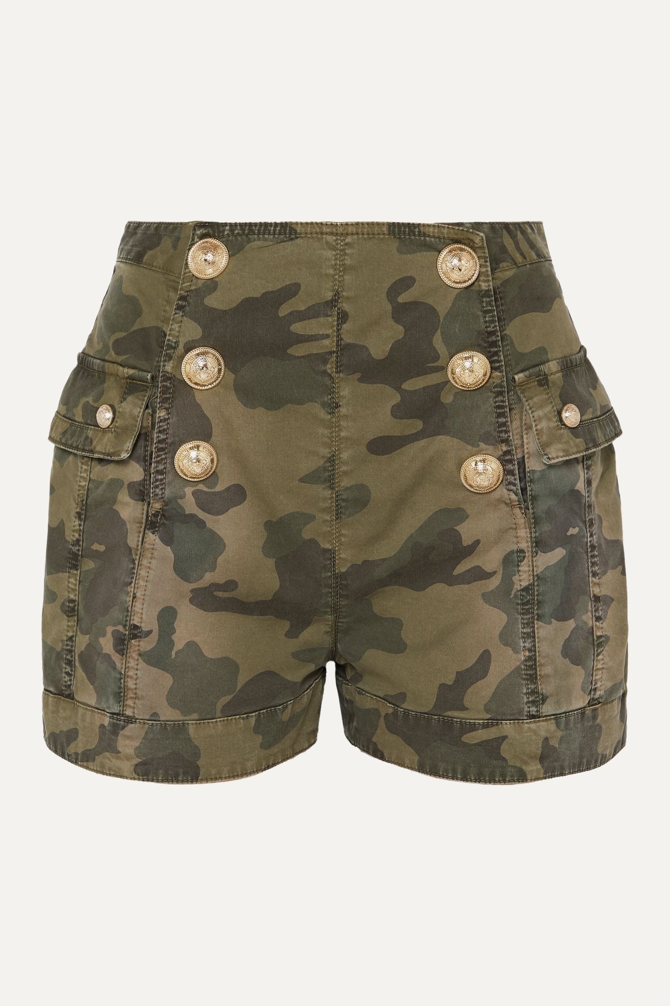 Button-embellished camouflage-print cotton-blend shorts - 1