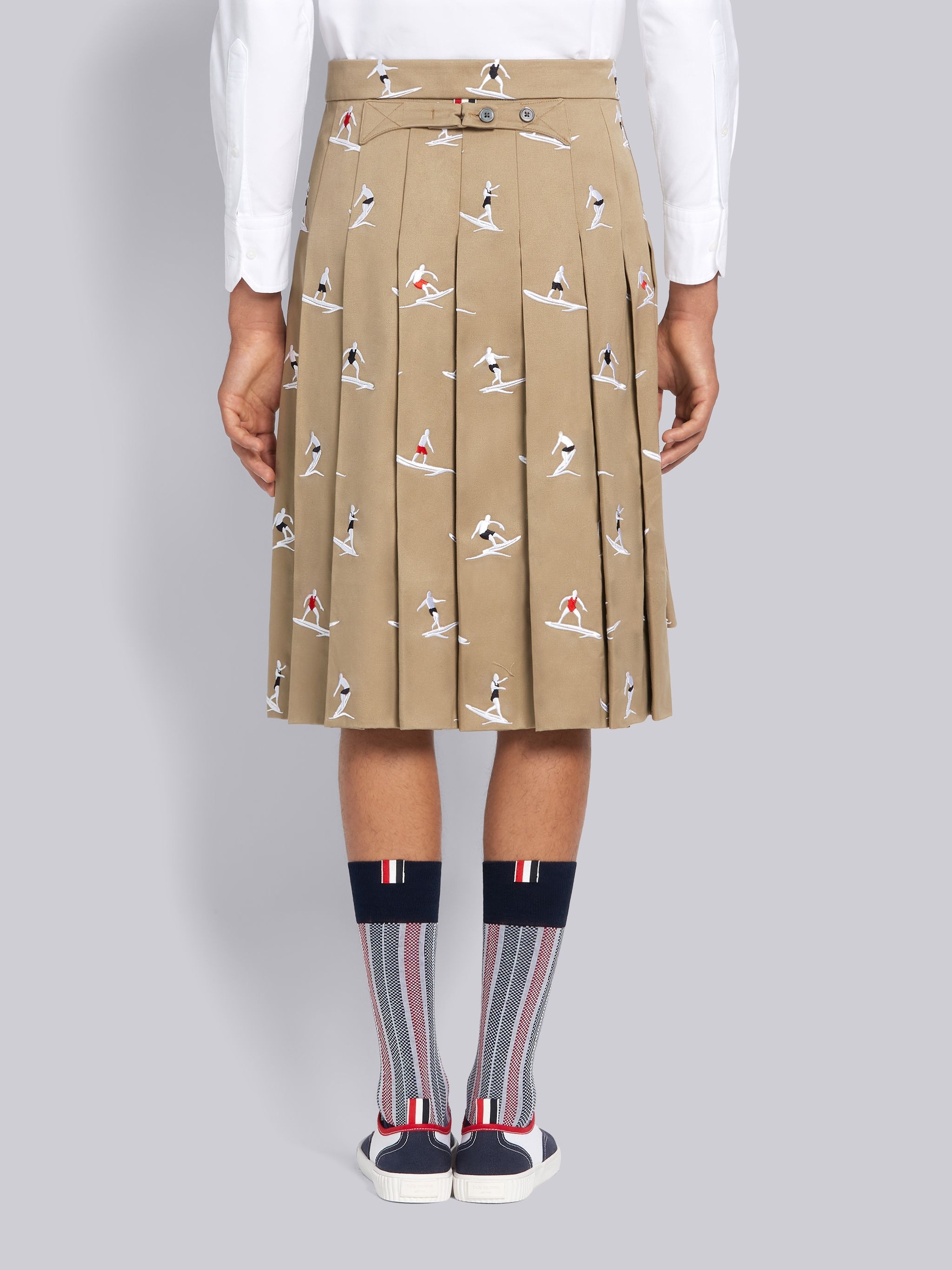 Khaki Cotton Twill Half Drop Surfers Embroidered Classic Knee Length Pleated Skirt - 3