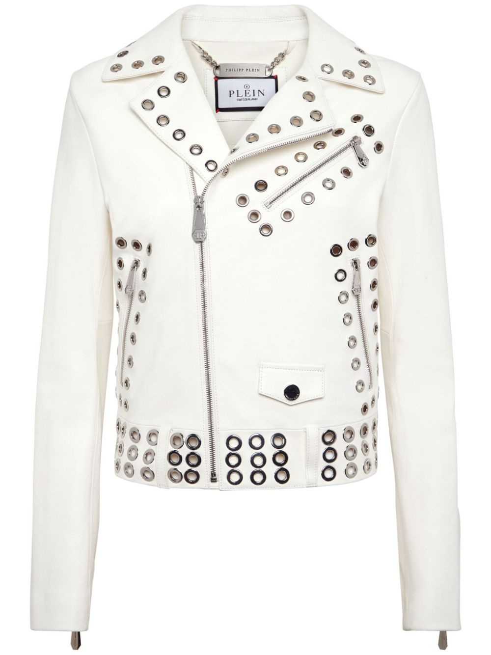 eyelet-embellished leather biker jacket - 1